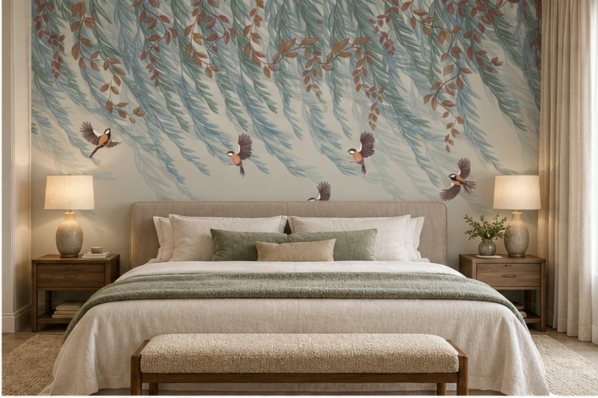 Blue Botanical Botanical Wallpaper Mural Bedroom-wallpaper-murals, Peel-and-stick Finish
