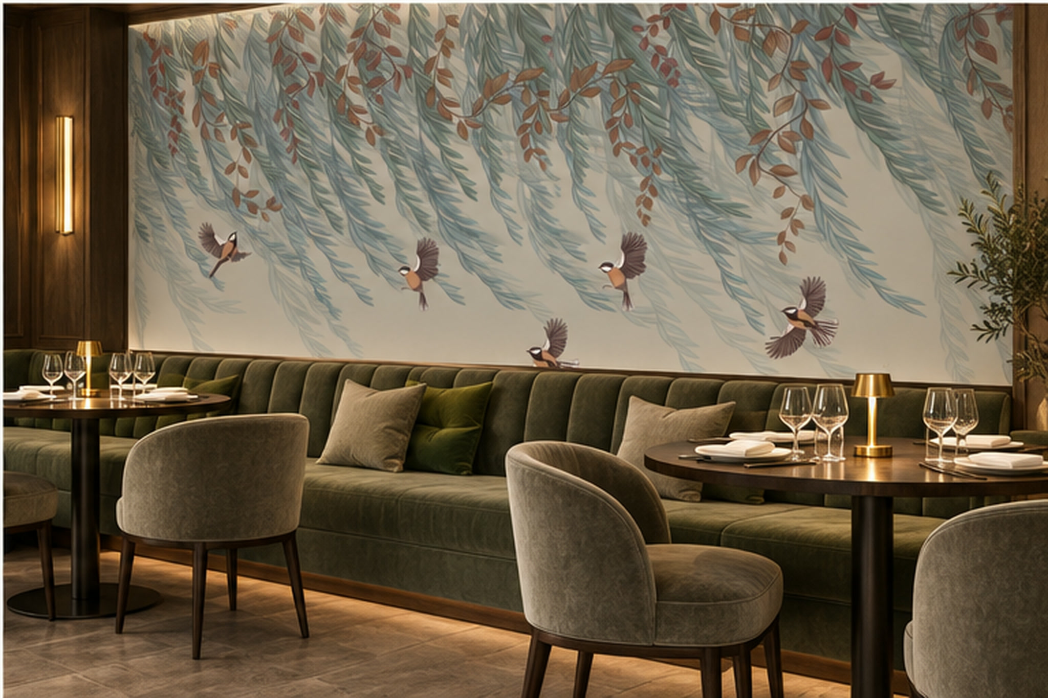 Blue Botanical Botanical Wallpaper Mural Dining-room-wallpaper-murals, Shown In A Dining Room, Peel-and-stick Finish