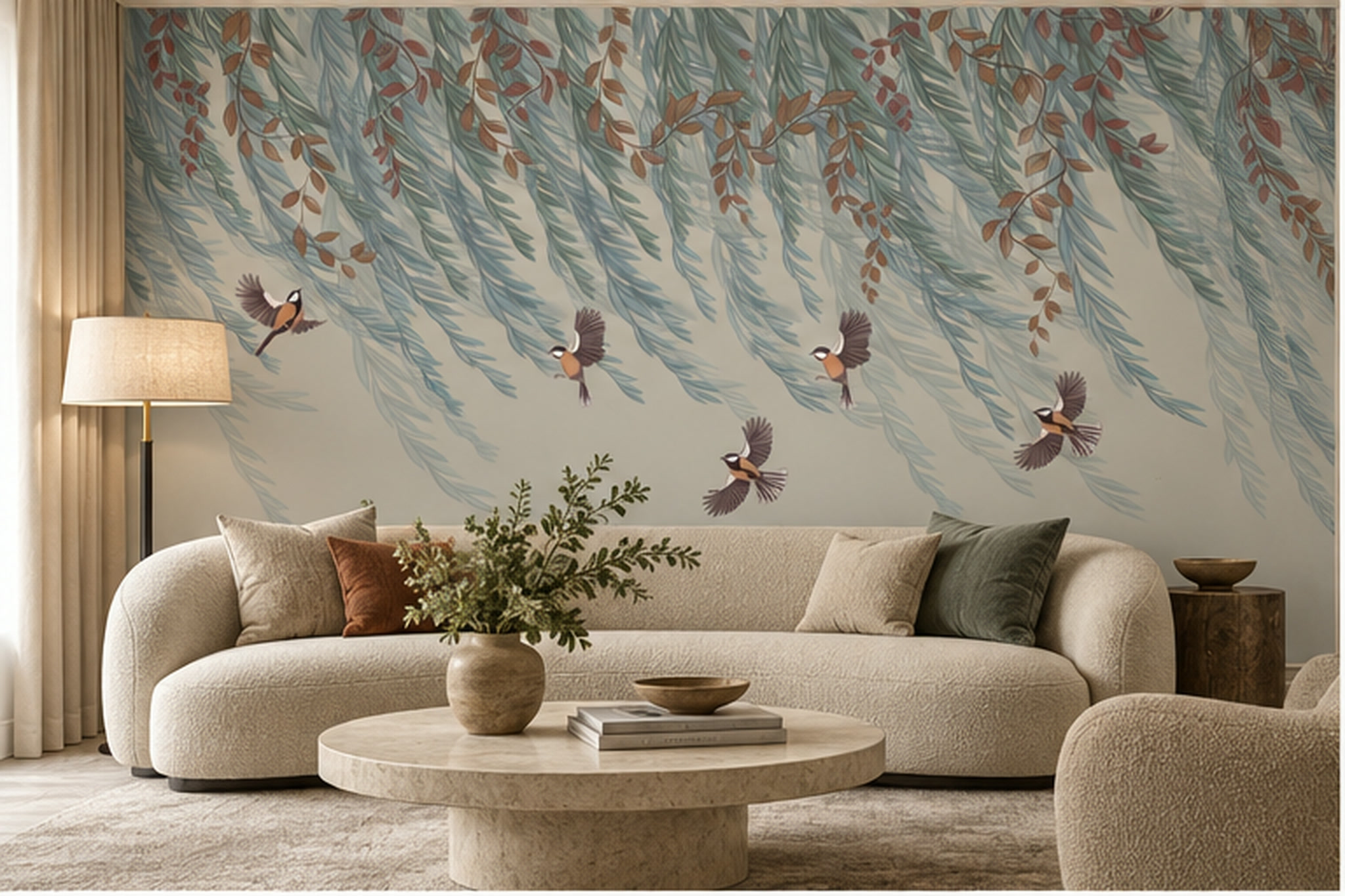 Trailing Blue-green Foliage And Flying Birds Wallpaper Mural — Wallpaper Mural Design, Peel-and-stick Finish
