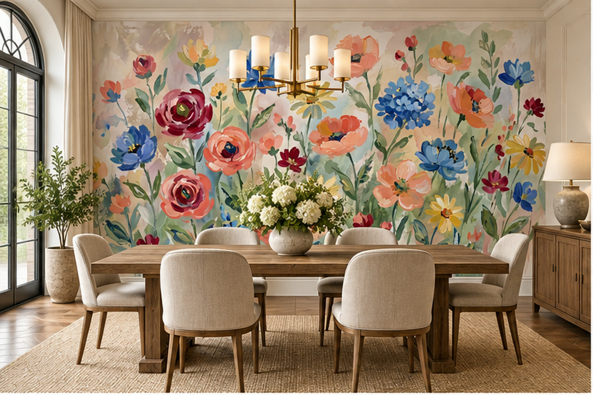 Pastel Floral Botanical Wallpaper Mural Dining-room-wallpaper-murals, Shown In A Dining Room, Peel-and-stick Finish
