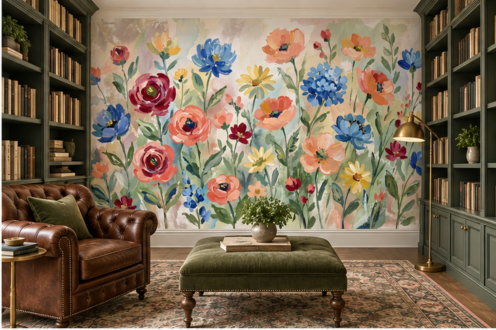 Colourful Watercolour Garden Flowers Wallpaper Mural — Wallpaper Mural Design, Peel-and-stick Finish