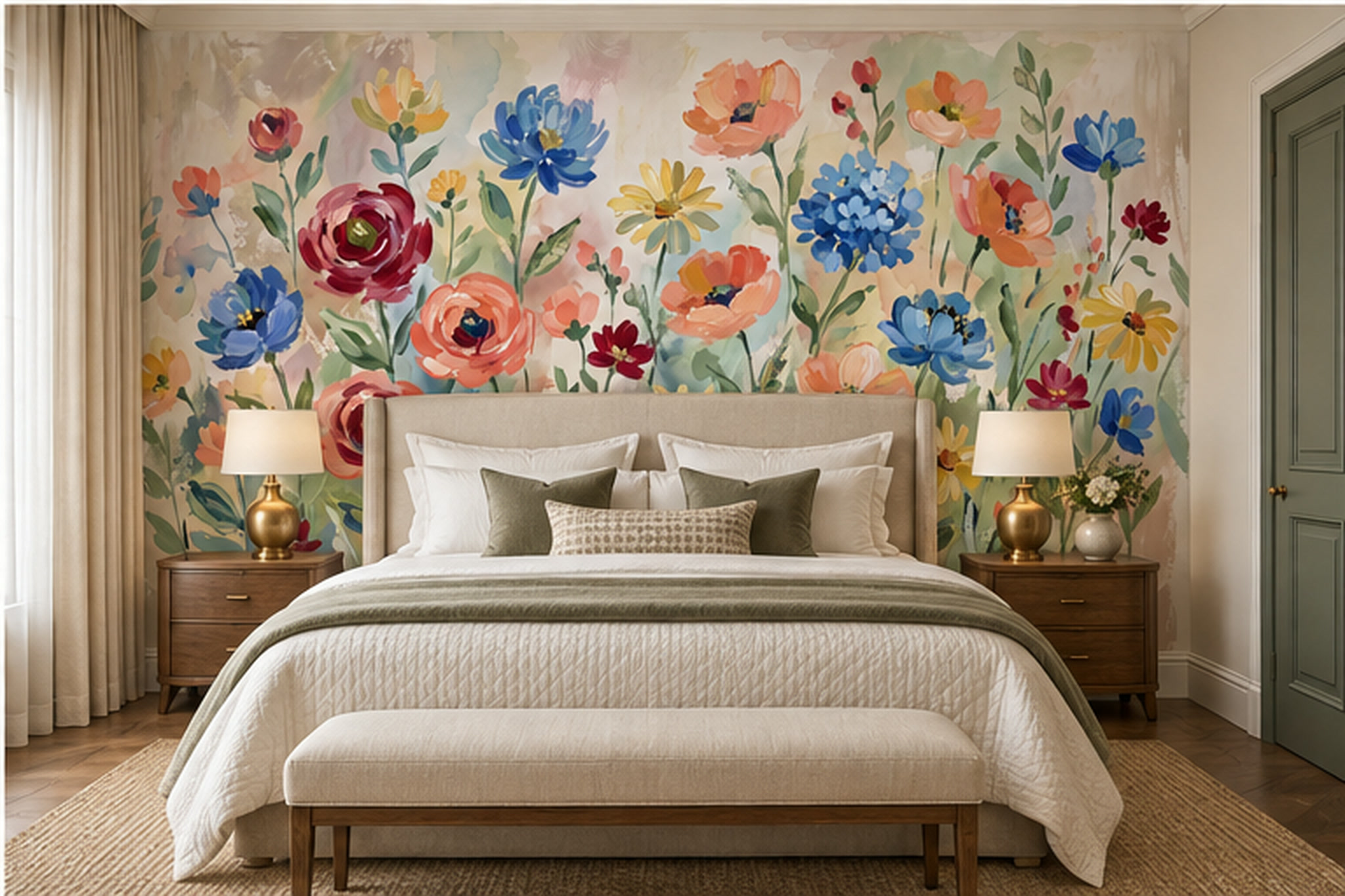 Pastel Floral Botanical Wallpaper Mural Bedroom-wallpaper-murals, Peel-and-stick Finish