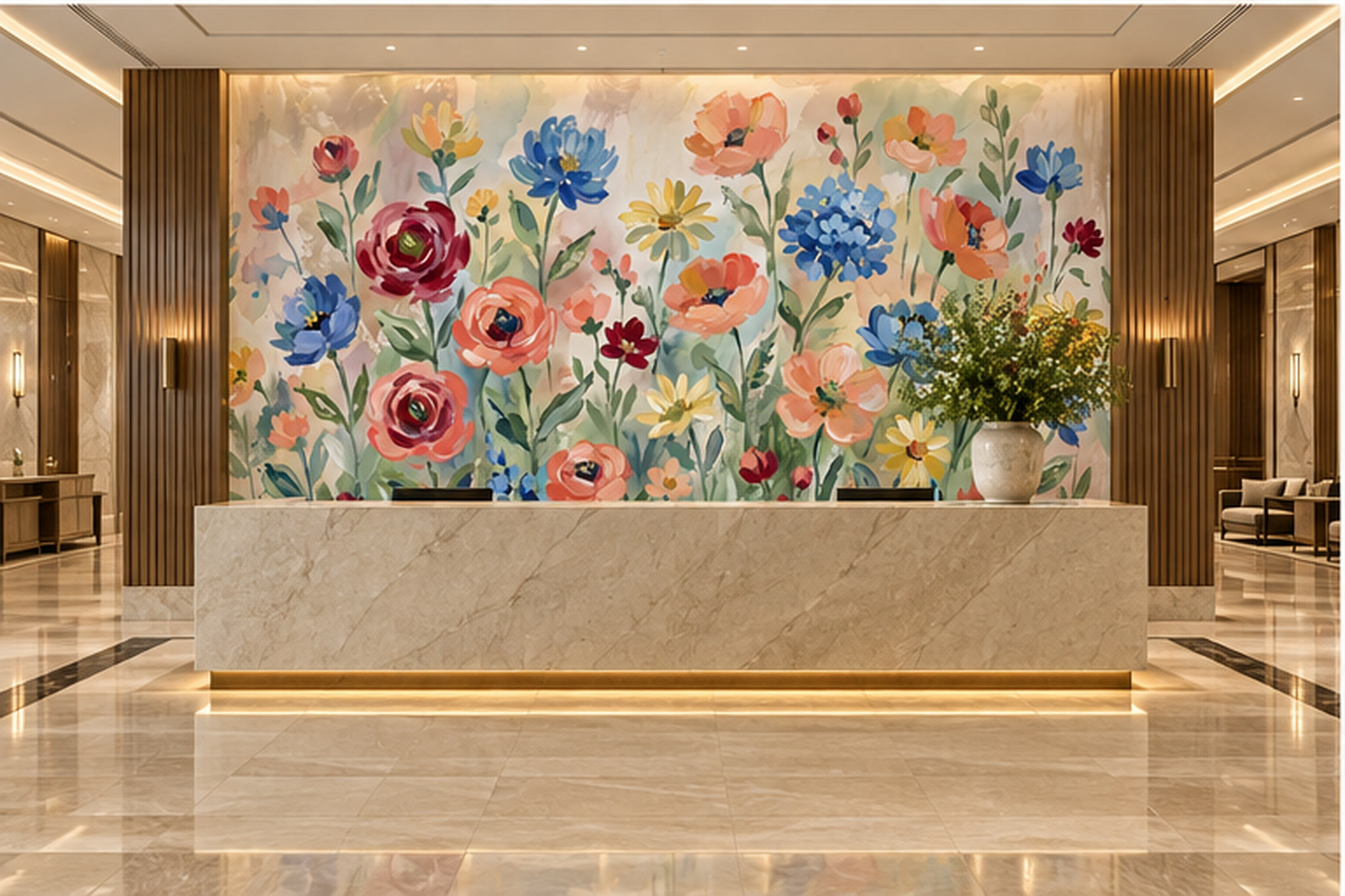 Pastel Floral Botanical Wallpaper Mural Entryway-wallpaper-murals, Peel-and-stick Finish