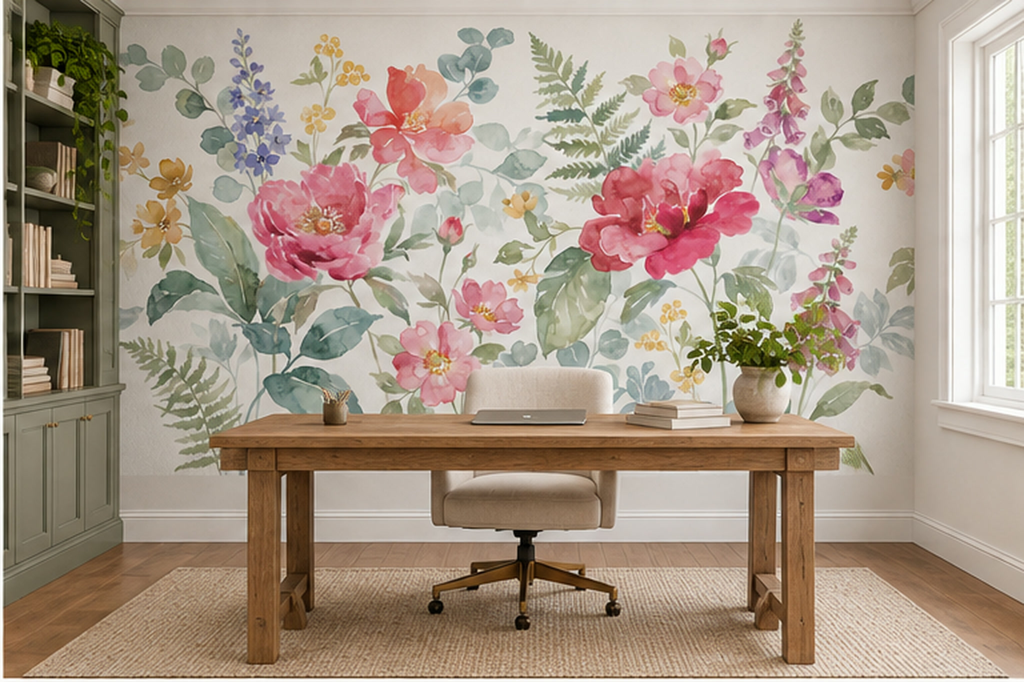 Pink Peony Botanical Abstract Wallpaper Mural Home-office-wallpaper-murals, Shown In A Home Office, Peel-and-stick Finish