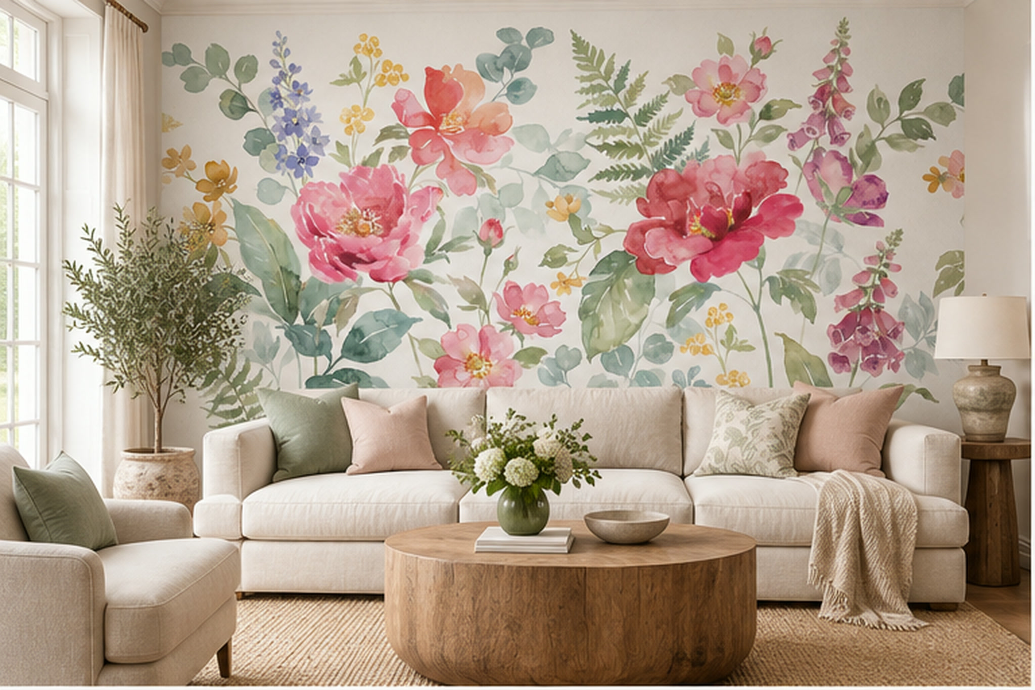 Pink Peony Botanical Abstract Wallpaper Mural Accent-wall-wallpaper-murals, Peel-and-stick Finish
