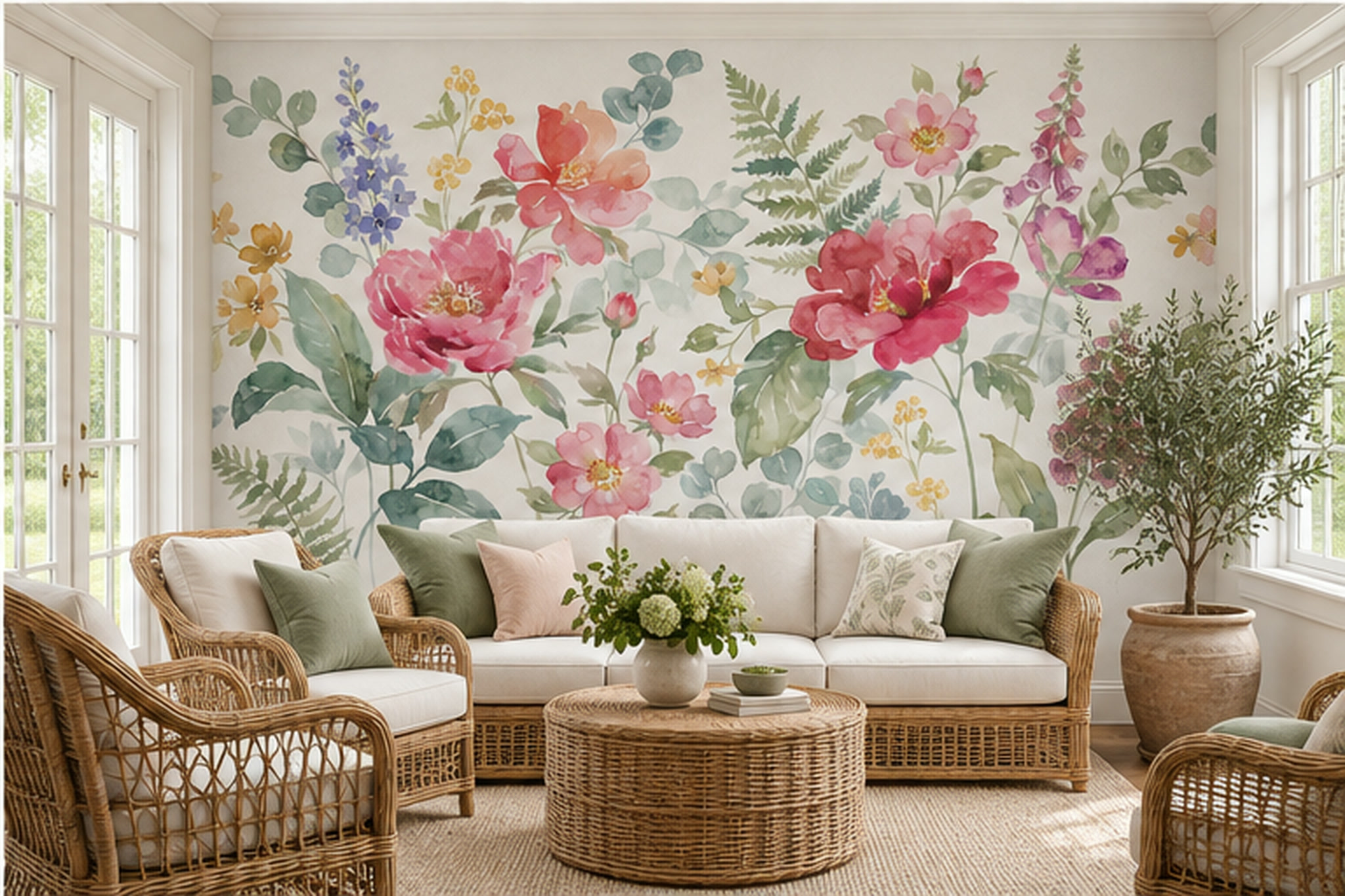 Watercolour Pink Peonies And Garden Flowers Wallpaper Mural — Wallpaper Mural Design, Peel-and-stick Finish