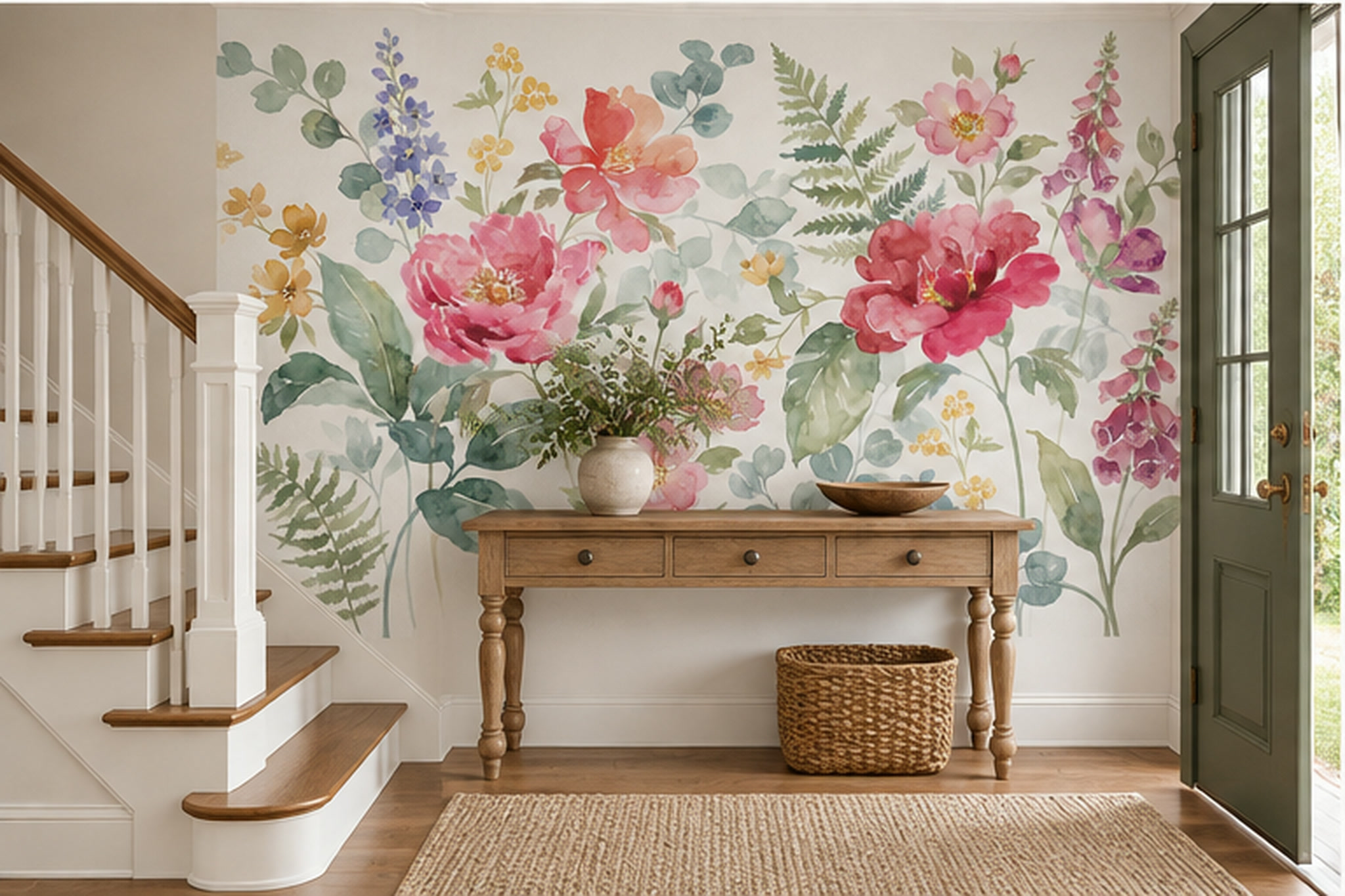 Pink Peony Botanical Abstract Wallpaper Mural Entryway-wallpaper-murals, Peel-and-stick Finish