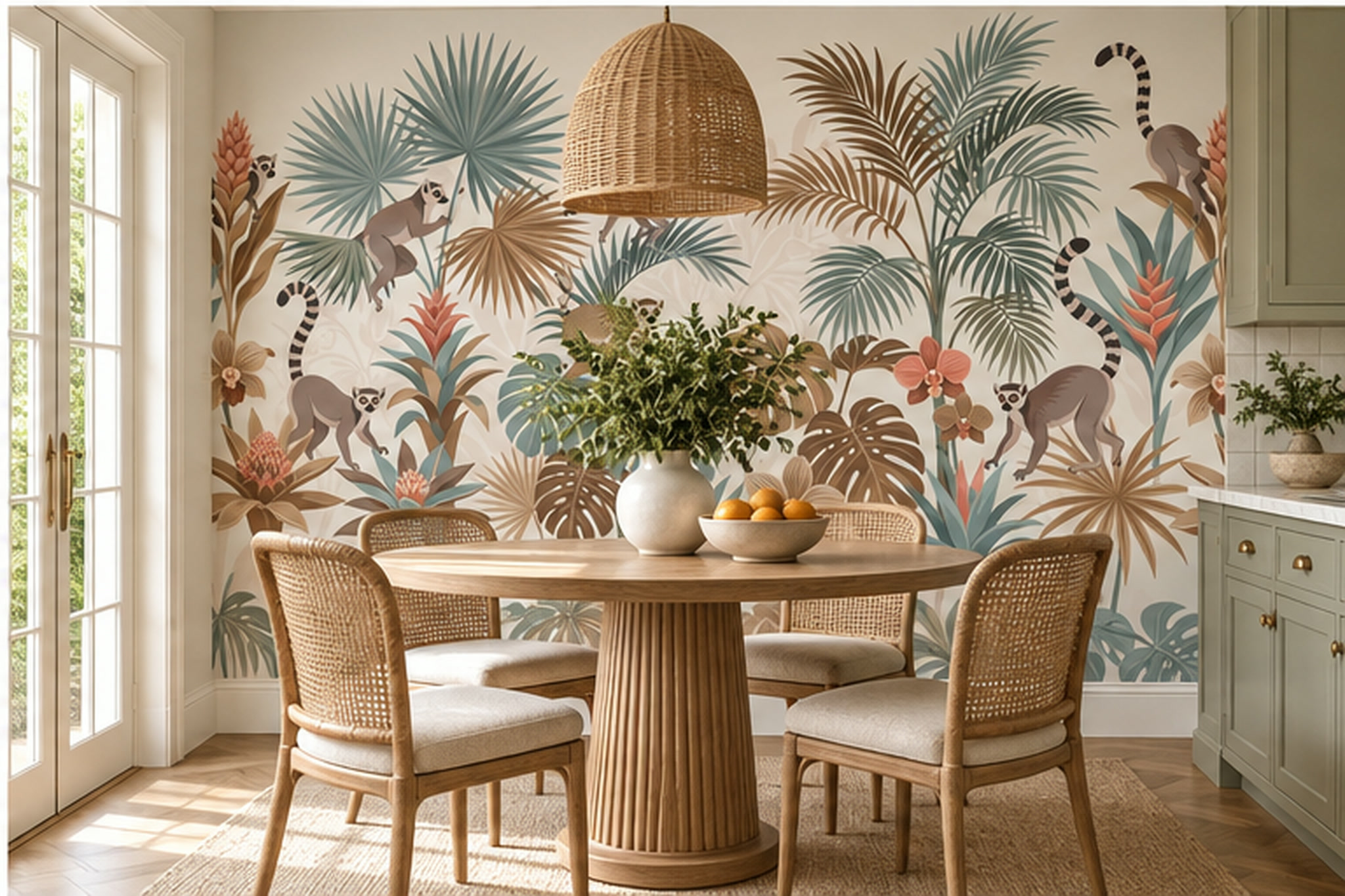 Ring-tailed Lemurs Among Tropical Palms And Leaves Wallpaper Mural — Wallpaper Mural Design, Peel-and-stick Finish