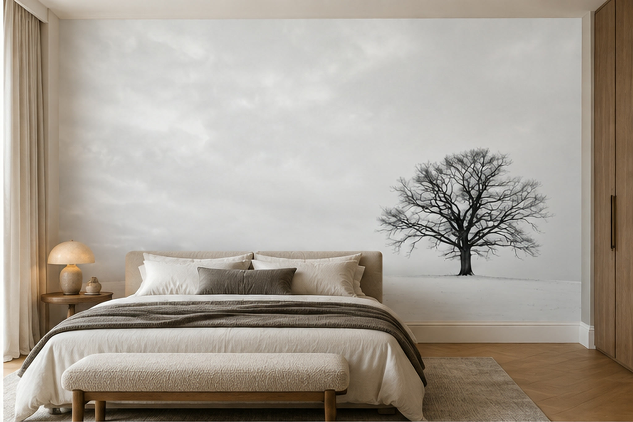 Grey Tree Scenic Wallpaper Mural Bedroom-wallpaper-murals, Peel-and-stick Finish
