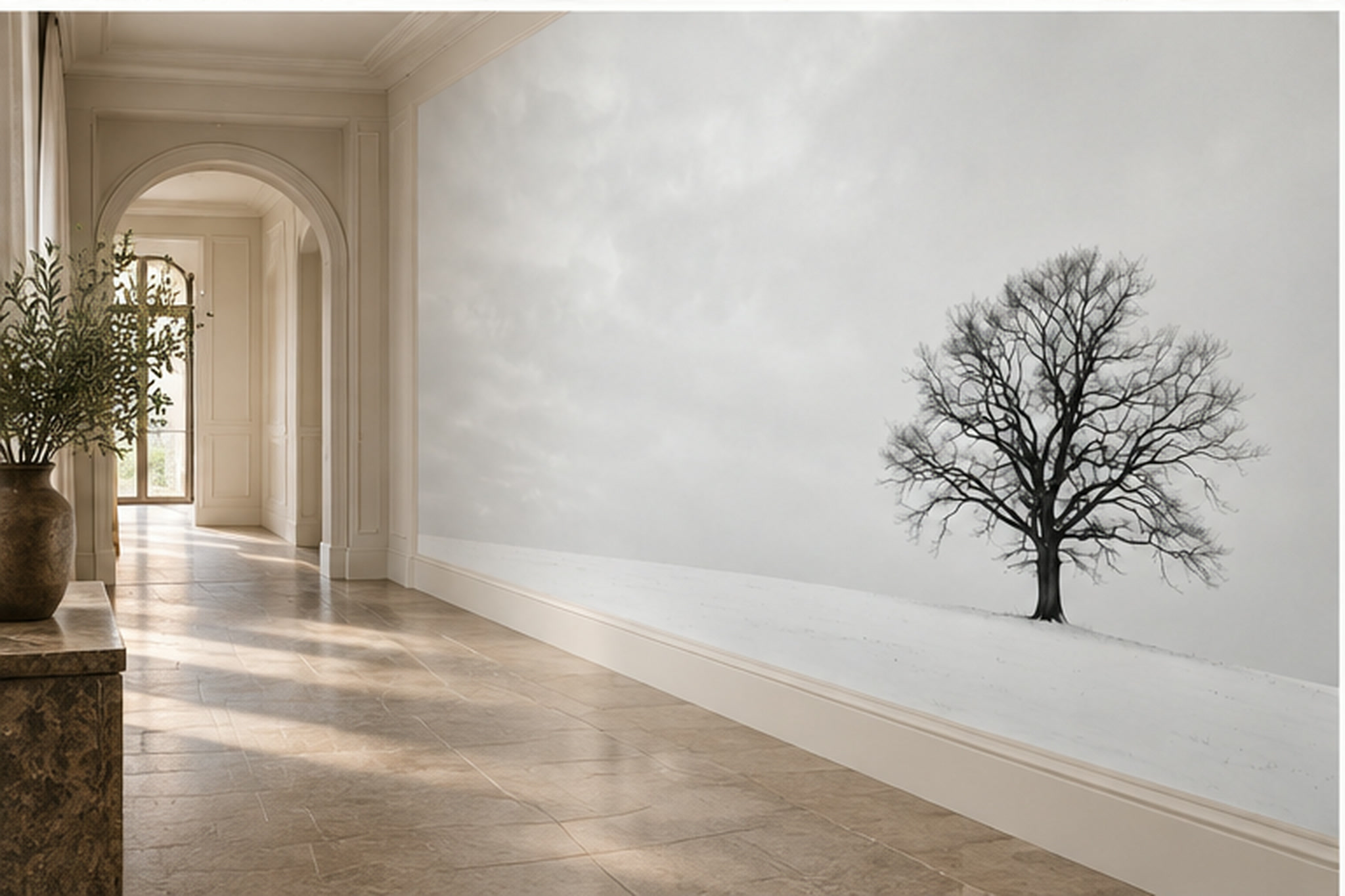 Grey Tree Scenic Wallpaper Mural Hallway-wallpaper-murals, Peel-and-stick Finish