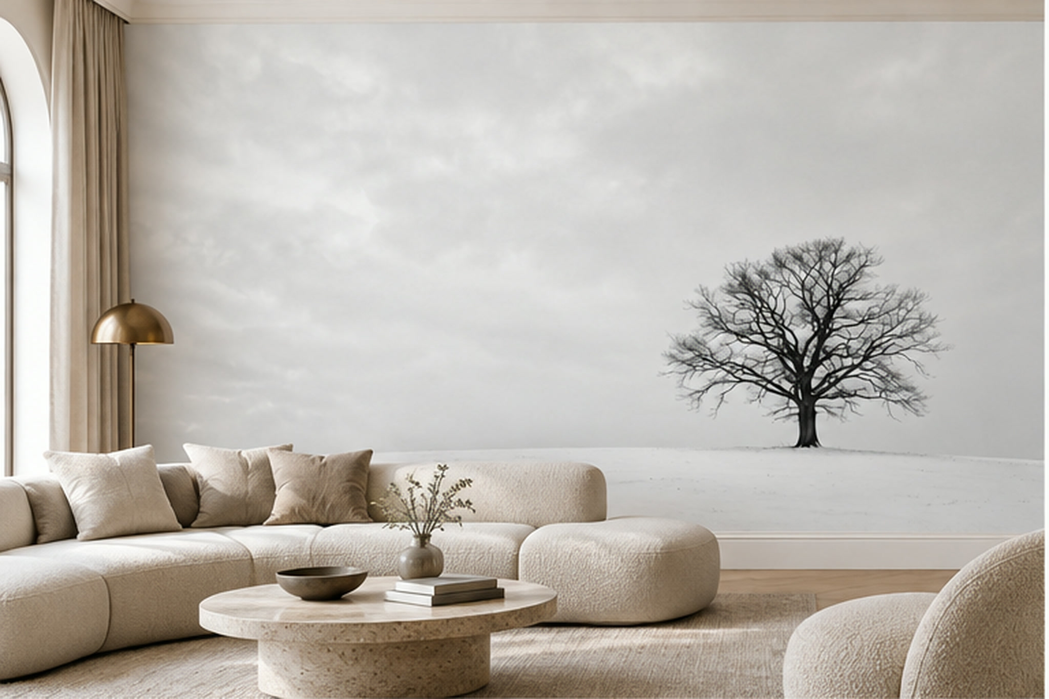 Grey Tree Scenic Wallpaper Mural Dining-room-wallpaper-murals, Peel-and-stick Finish