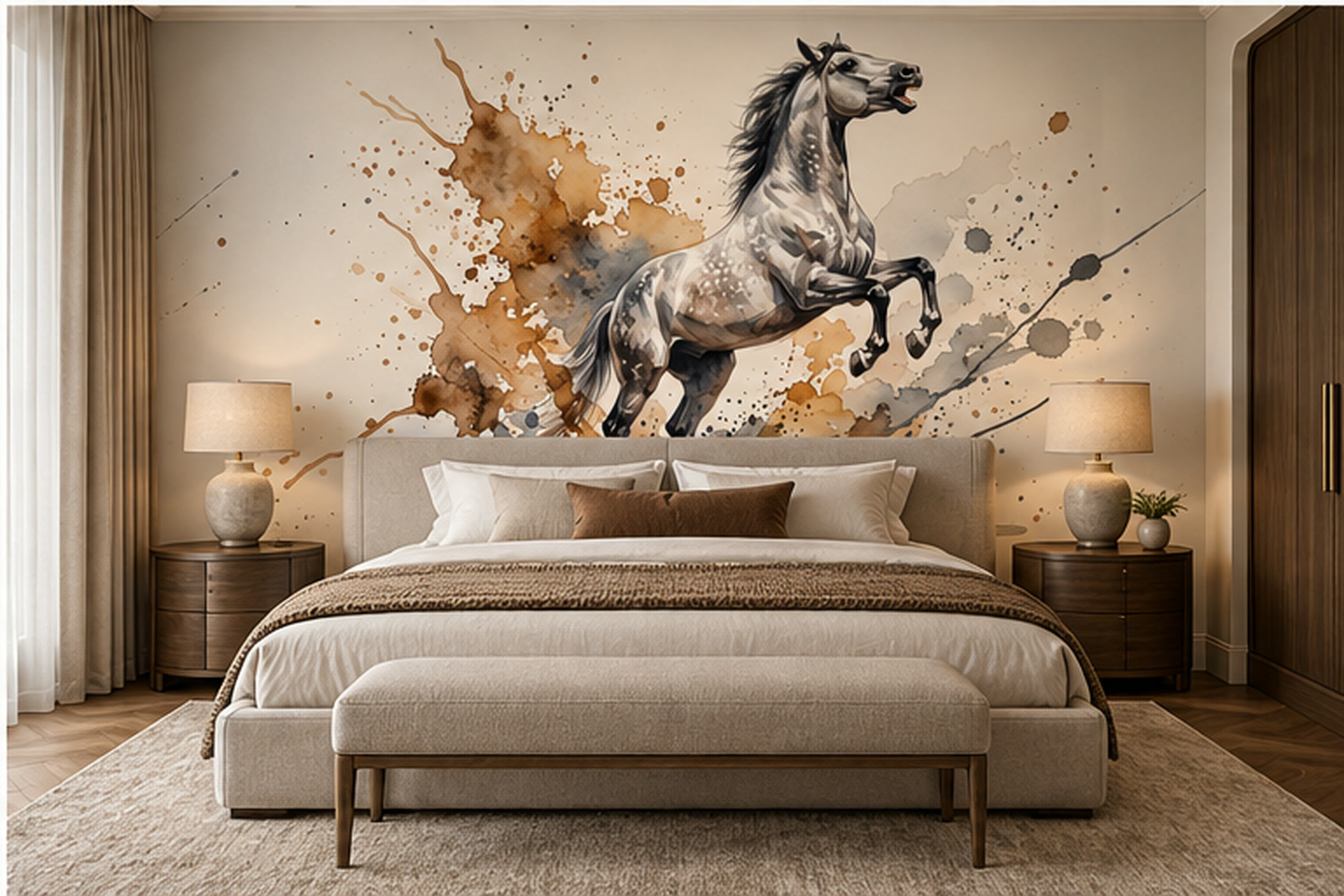 Grey Horse Wallpaper Mural, Shown In A Bedroom, Peel-and-stick Finish
