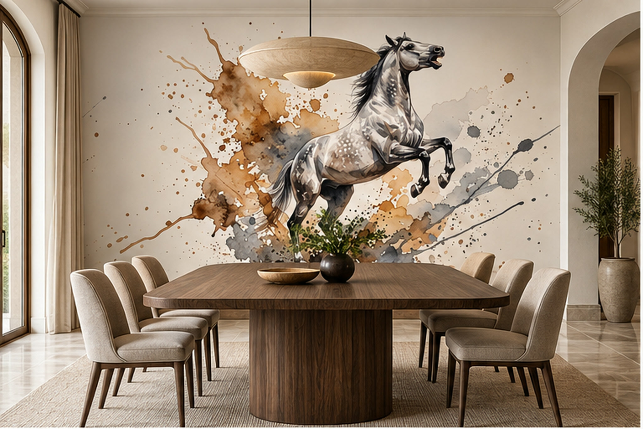 Grey Horse Wallpaper Mural, Shown In A Dining Room, Peel-and-stick Finish