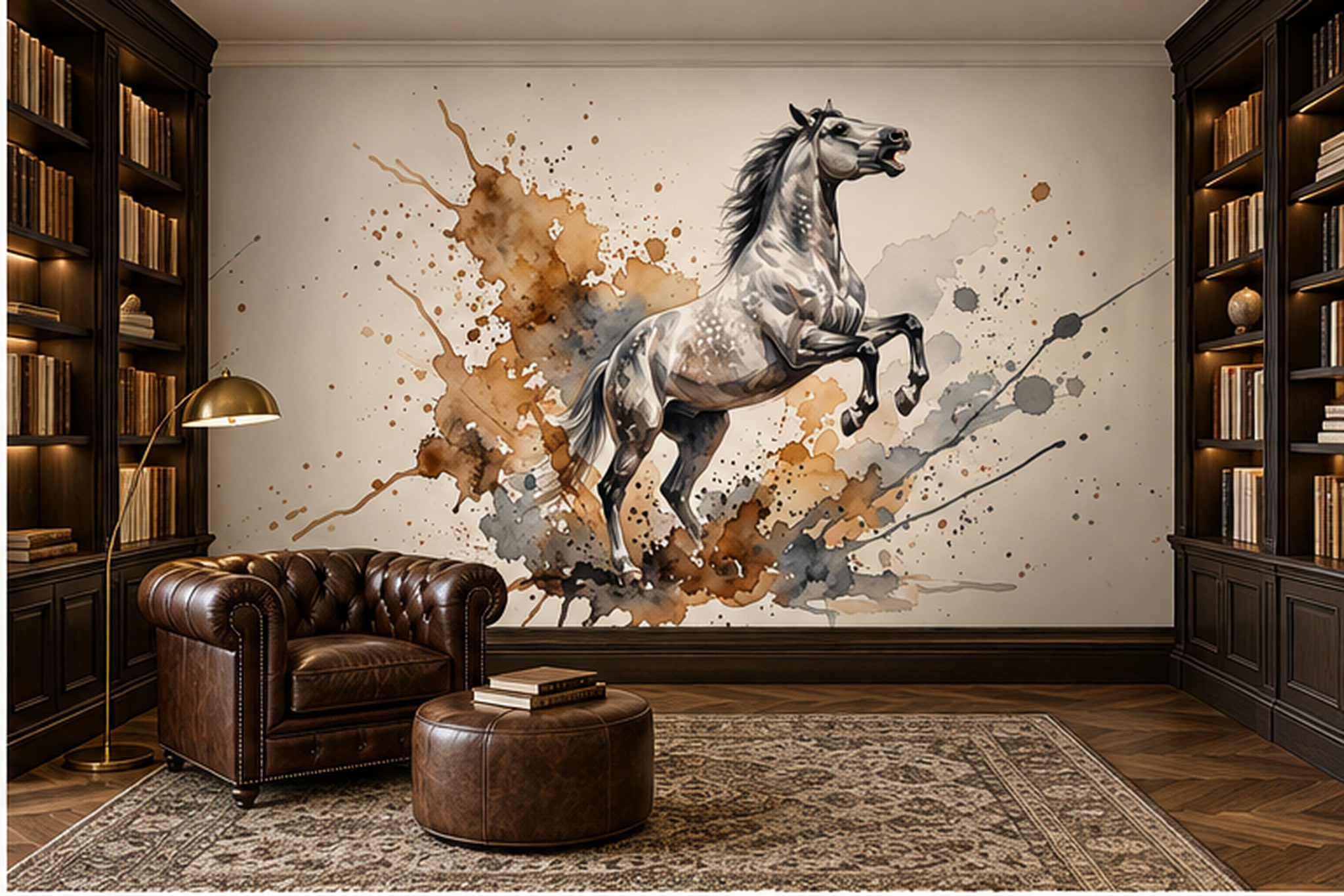 Rearing Grey Horse With Ink Splashes Wallpaper Mural — Wallpaper Mural Design, Peel-and-stick Finish