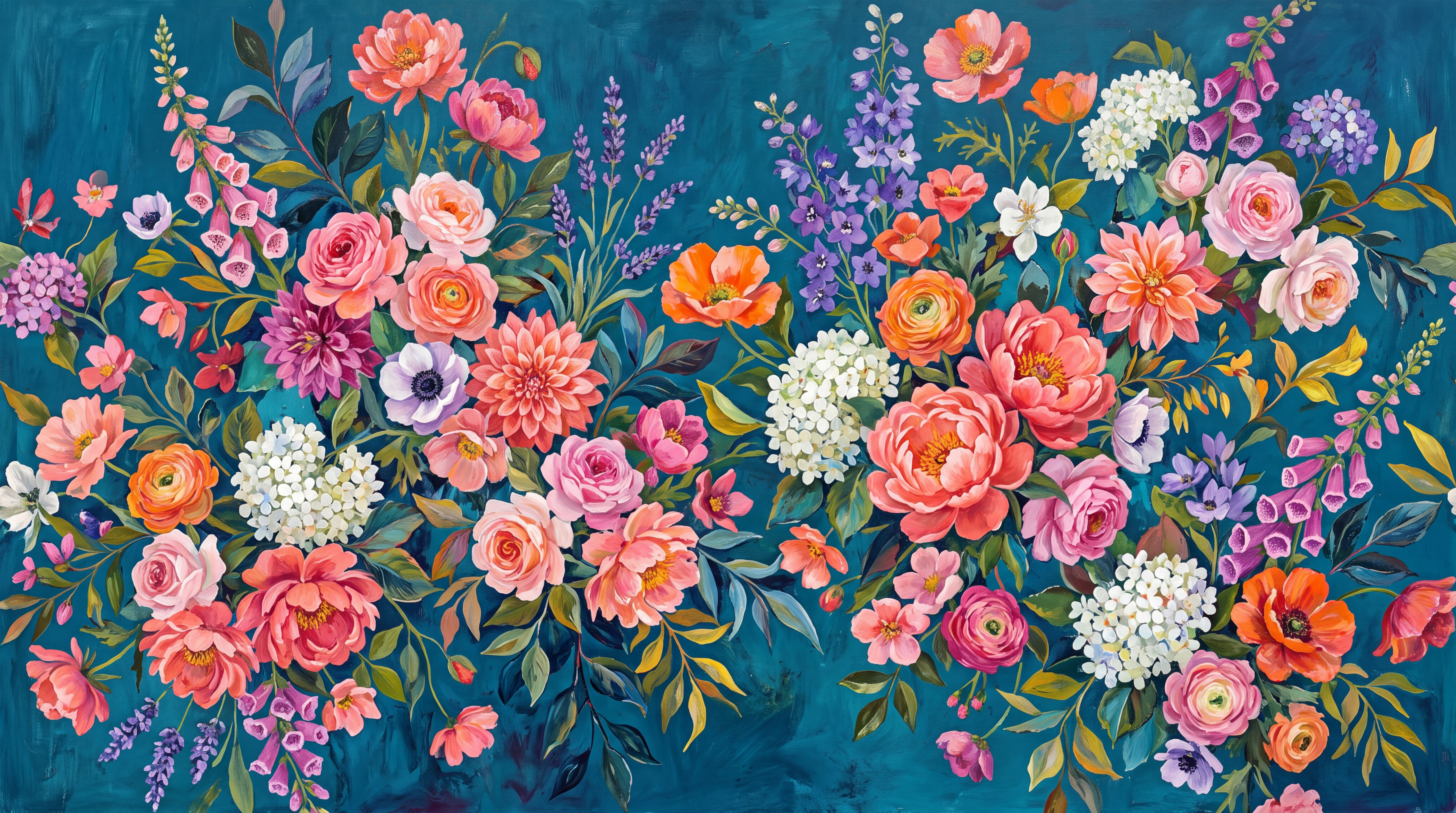 Blue Floral Botanical Textured Wallpaper Mural, Peel-and-stick Finish
