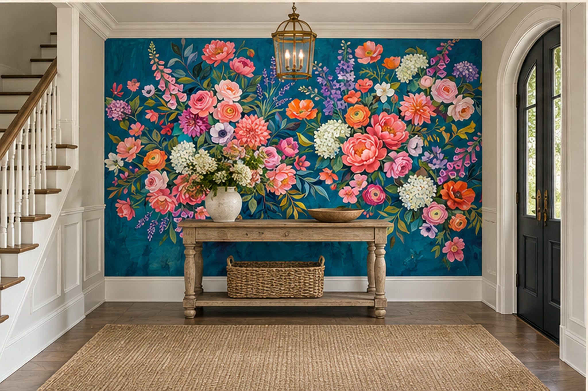 Blue Floral Botanical Textured Wallpaper Mural Entryway-wallpaper-murals, Peel-and-stick Finish