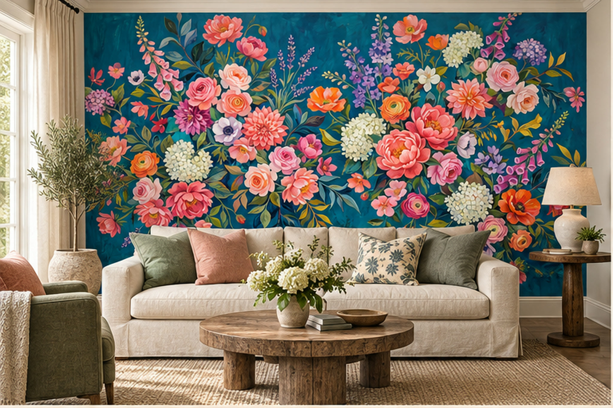 Blue Floral Botanical Textured Wallpaper Mural Living-room-wallpaper-murals, Shown In A Living Room, Peel-and-stick Finish