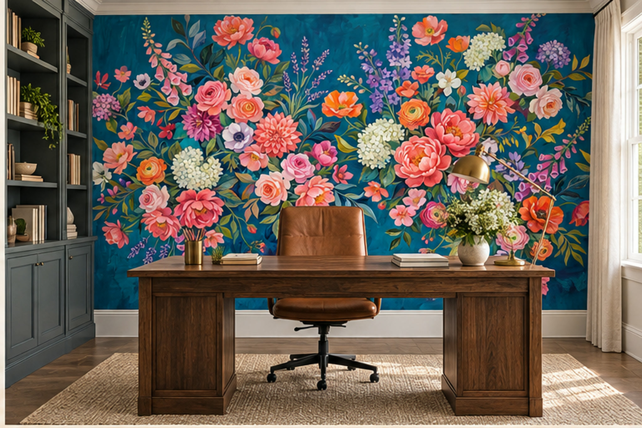 Blue Floral Botanical Textured Wallpaper Mural Accent-wall-wallpaper-murals, Peel-and-stick Finish