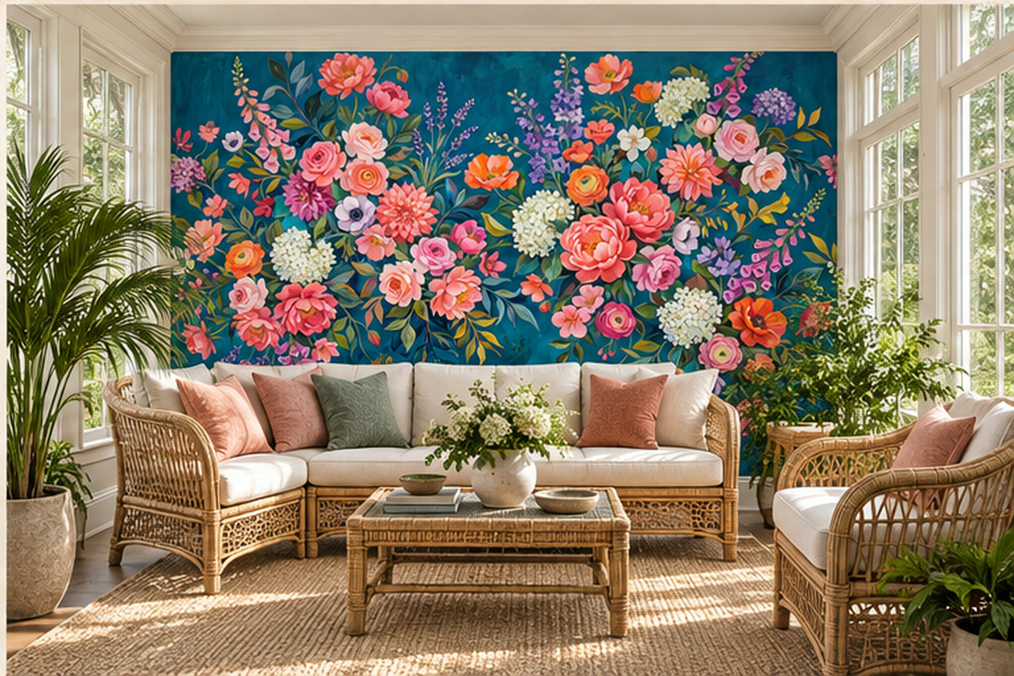 Blue Floral Botanical Textured Wallpaper Mural Accent-wall-wallpaper-murals, Peel-and-stick Finish