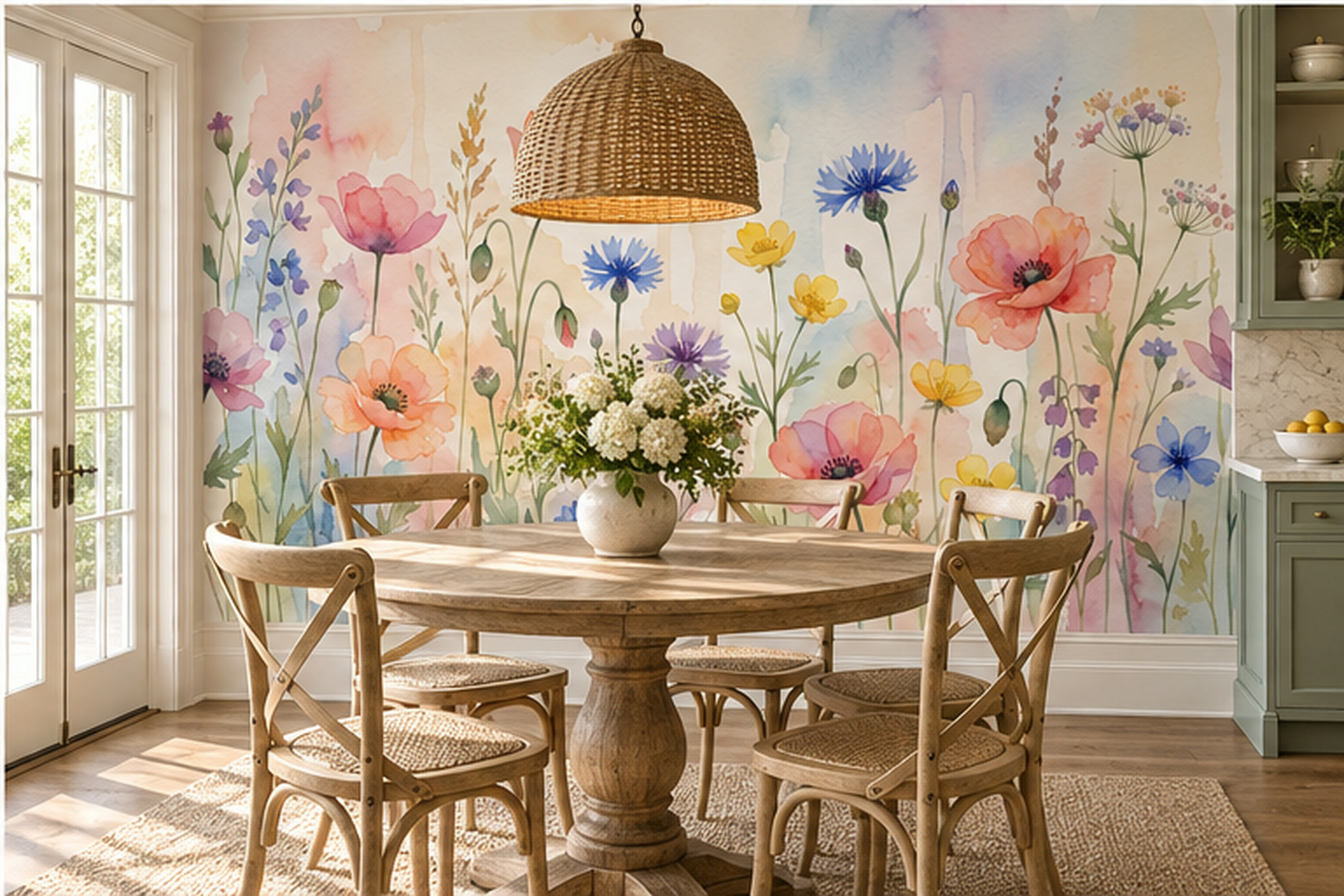 Watercolour Wildflower Meadow With Poppies And Cornflowers Wallpaper Mural — Wallpaper Mural Design, Peel-and-stick Finish