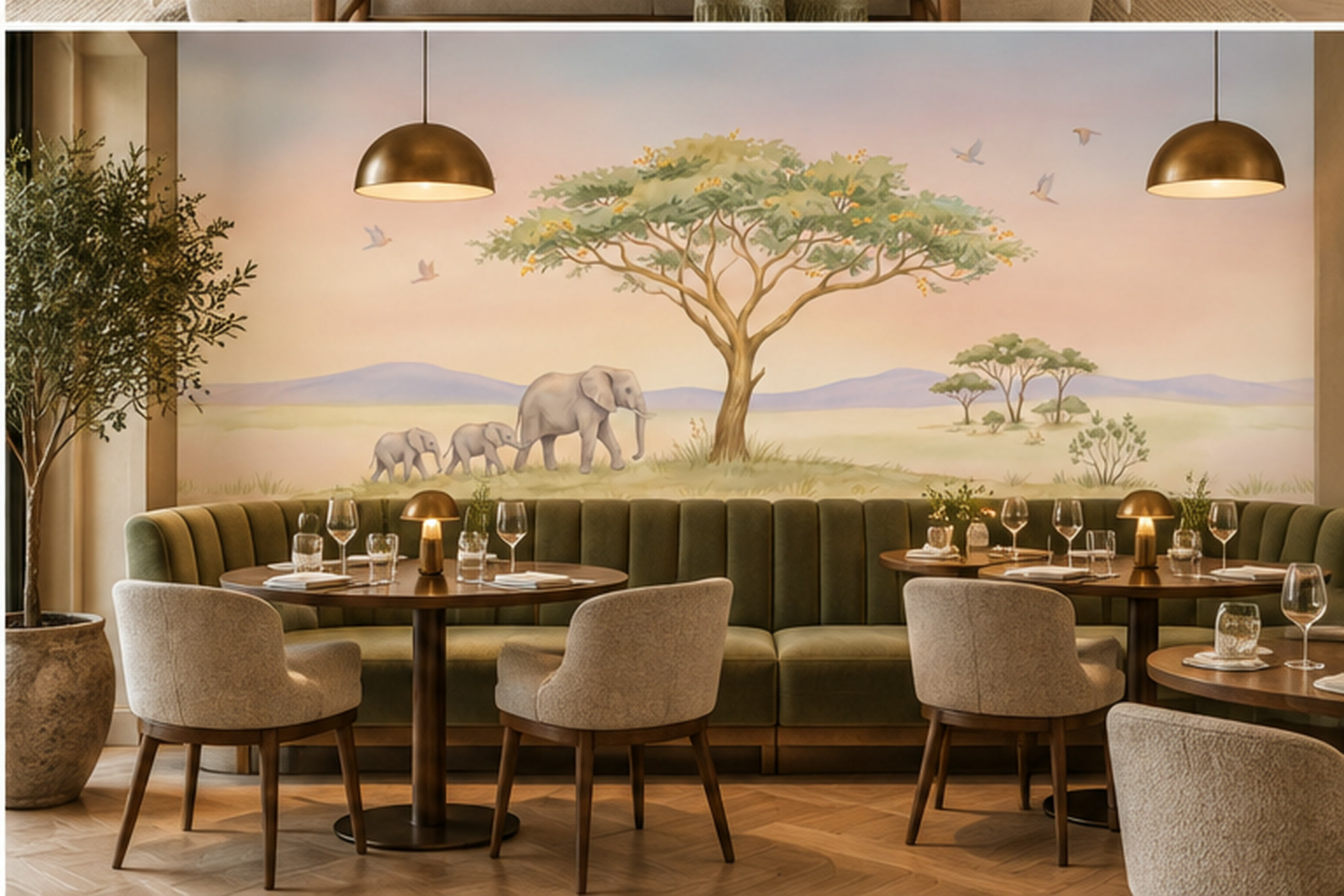 Pastel Elephant Family Beneath An Acacia Tree Wallpaper Mural — Wallpaper Mural Design, Peel-and-stick Finish