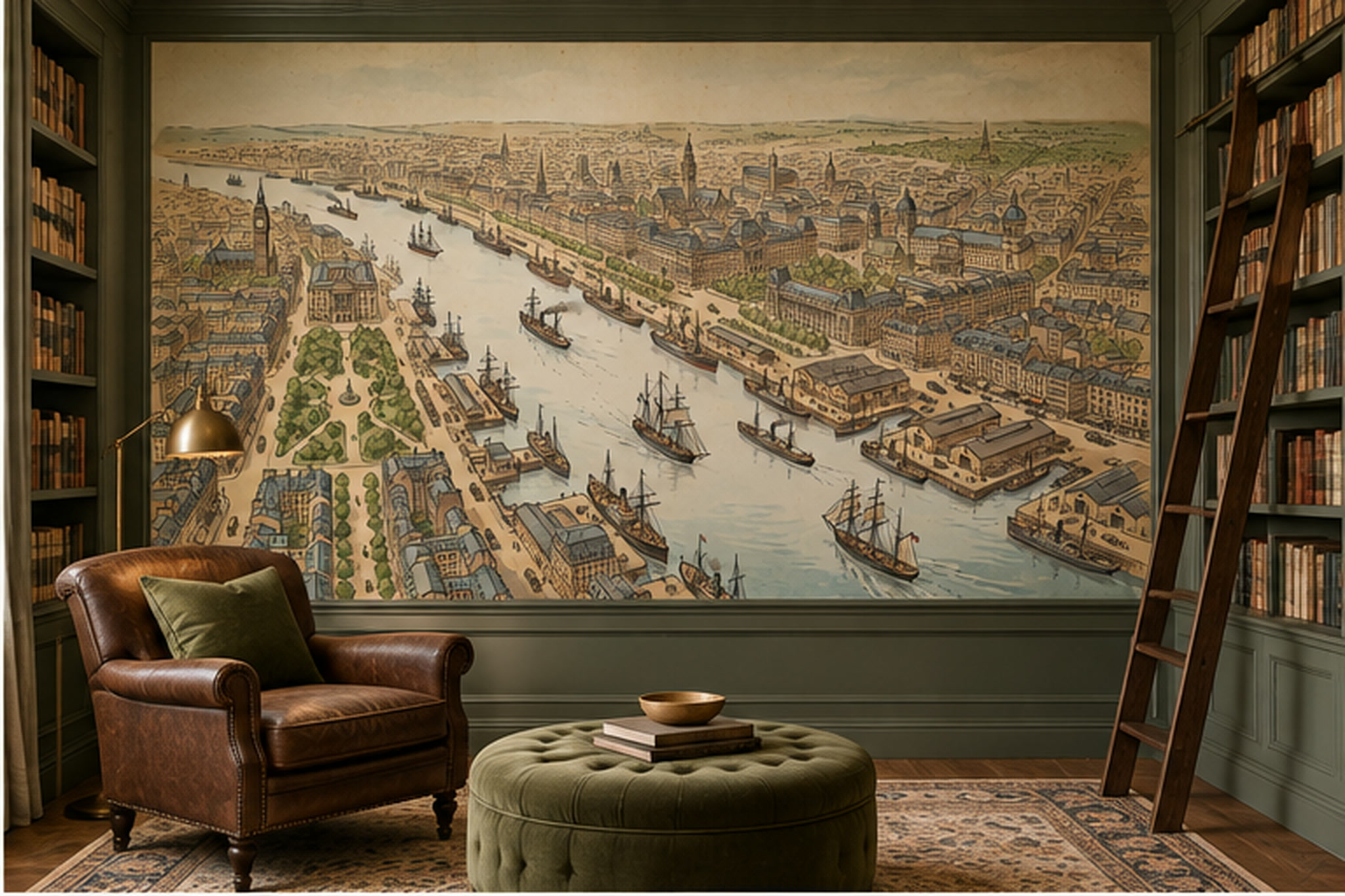 Sepia Pattern Decorative Layered Wallpaper Mural Home-office-wallpaper-murals, Shown In A Home Office, Peel-and-stick Finish
