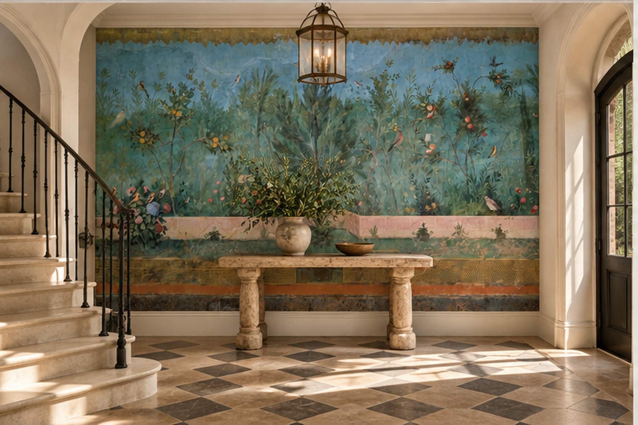 Teal Garden Scenic Painterly Wallpaper Mural Entryway-wallpaper-murals, Peel-and-stick Finish
