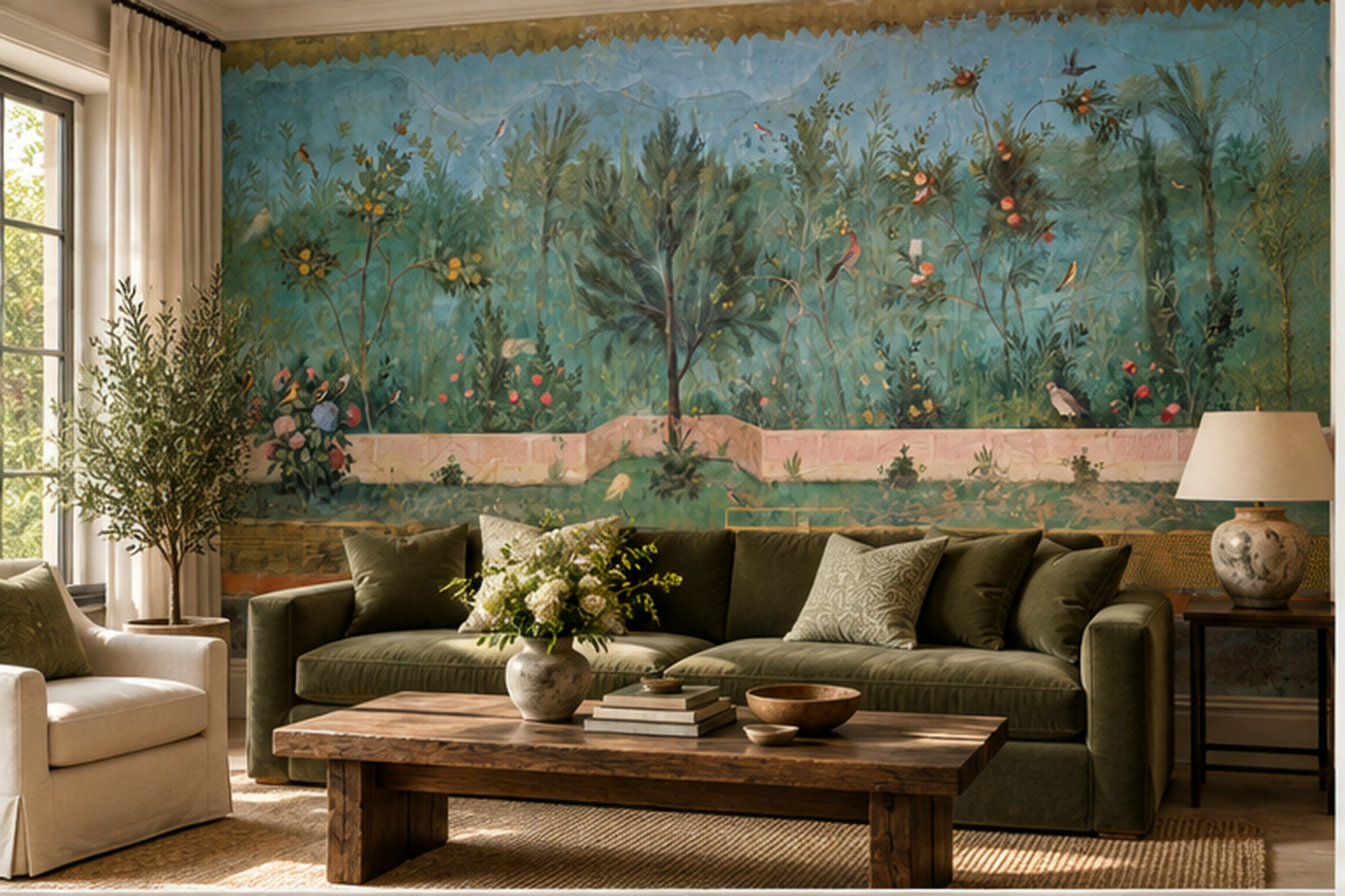 Teal Garden Scenic Painterly Wallpaper Mural Living-room-wallpaper-murals, Shown In A Living Room, Peel-and-stick Finish
