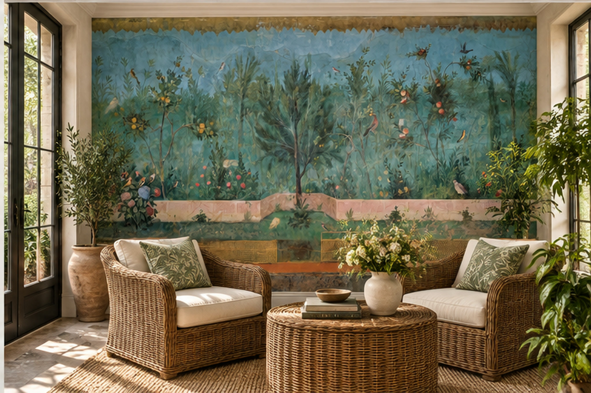 Vintage Teal Walled Garden With Birds And Fruit Trees Wallpaper Mural — Wallpaper Mural Design, Peel-and-stick Finish