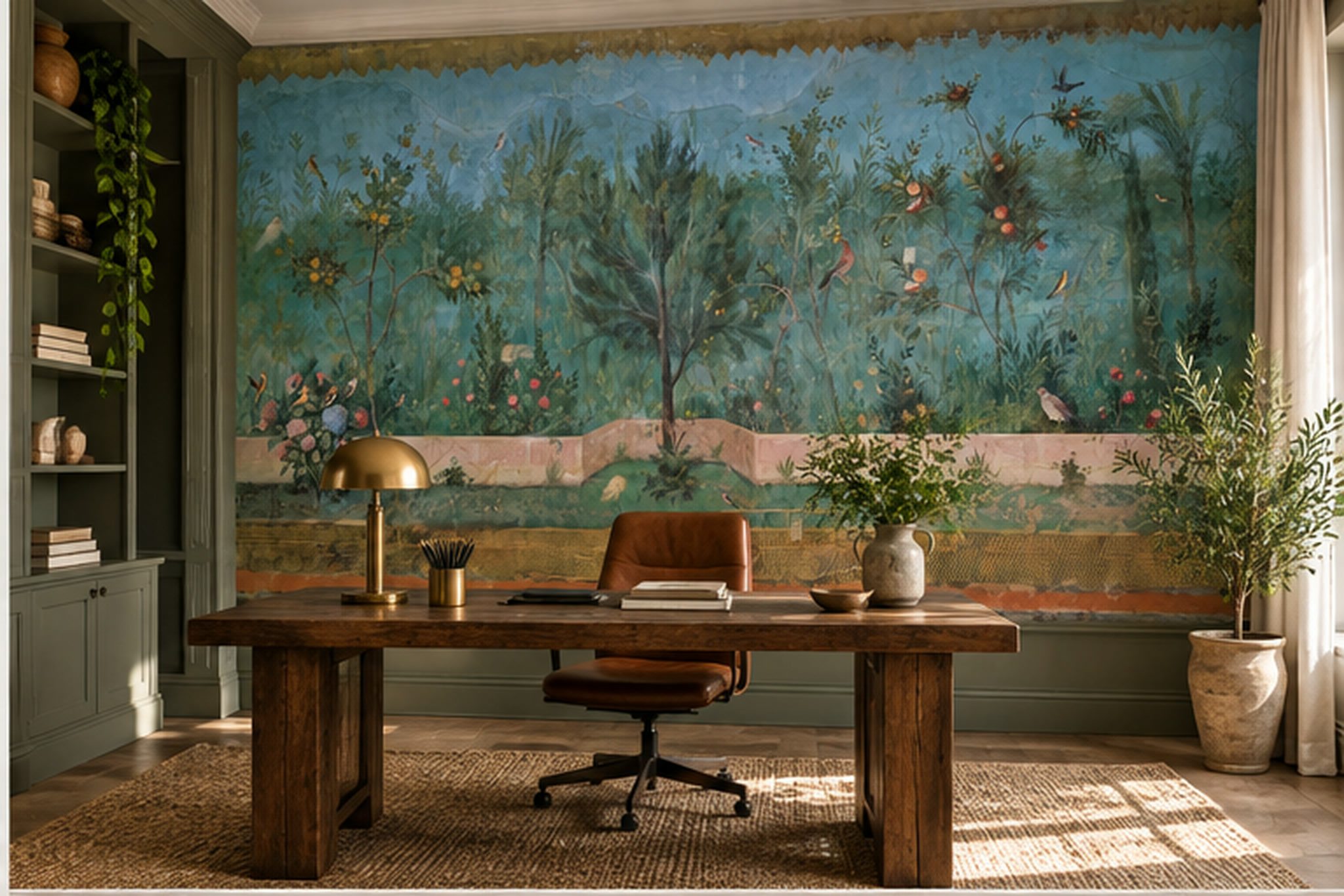 Teal Garden Scenic Painterly Wallpaper Mural Living-room-wallpaper-murals, Peel-and-stick Finish