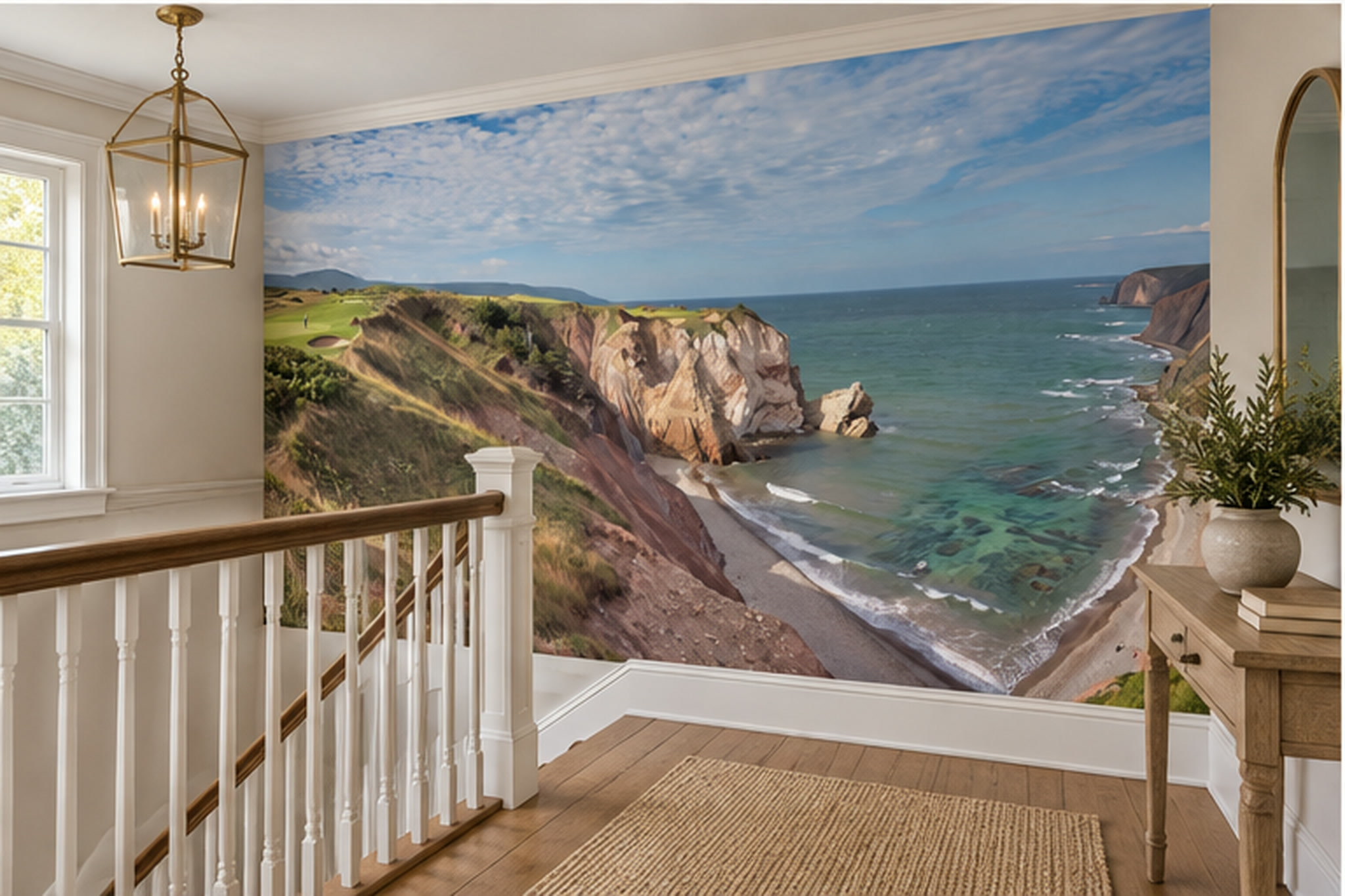 Blue Coastal Scenic Illustrated Wallpaper Mural Hallway-wallpaper-murals, Peel-and-stick Finish