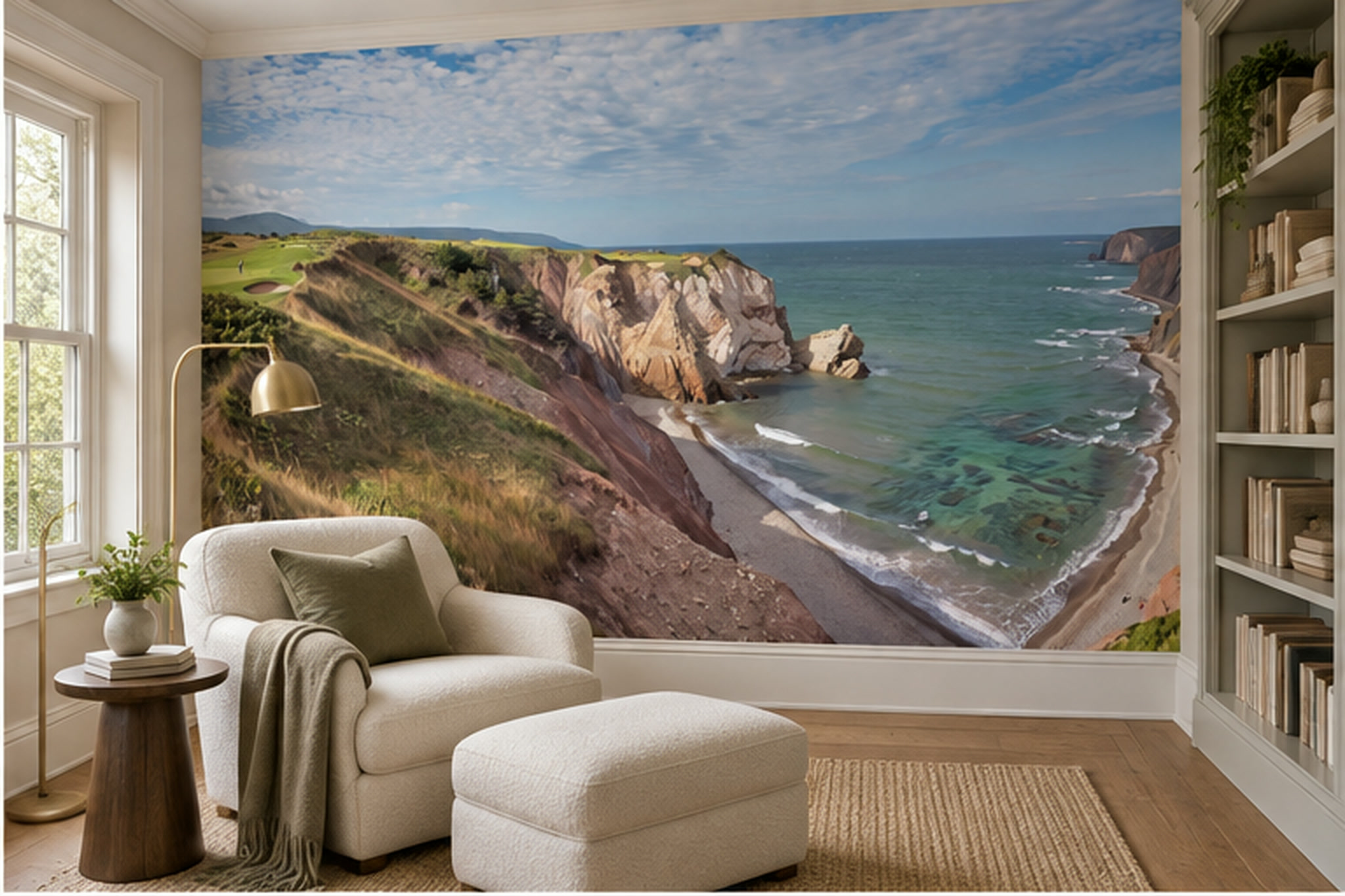 Blue Coastal Scenic Illustrated Wallpaper Mural Living-room-wallpaper-murals, Shown In A Living Room, Peel-and-stick Finish