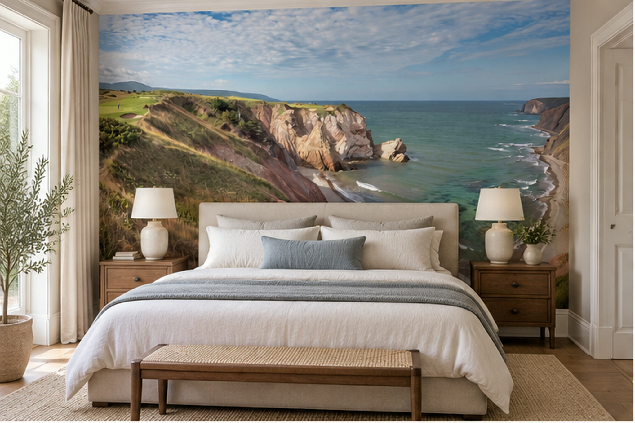 Blue Coastal Scenic Illustrated Wallpaper Mural Dining-room-wallpaper-murals, Peel-and-stick Finish
