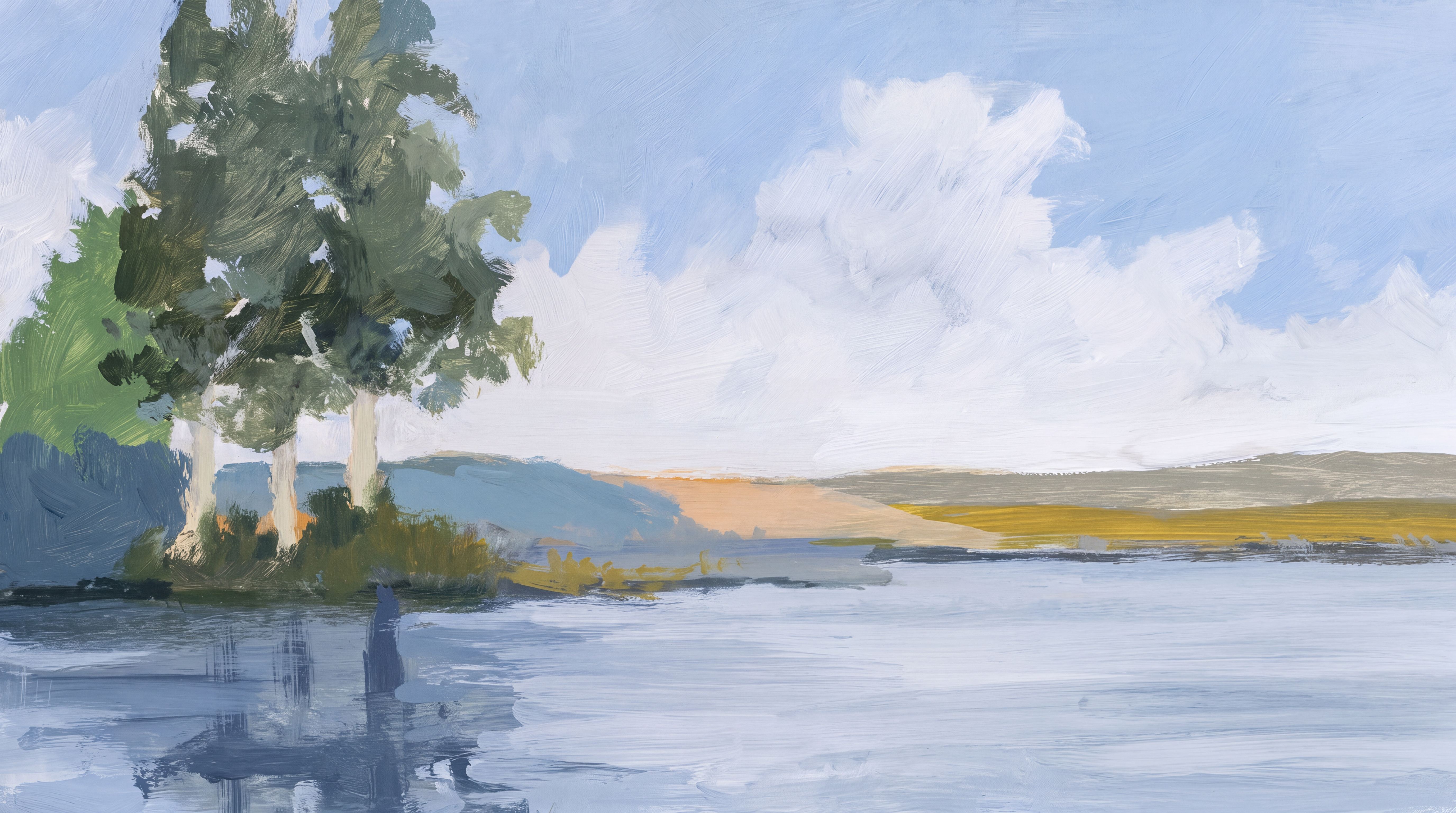 Blue Lake Scenic Watercolour Wallpaper Mural, Peel-and-stick Finish