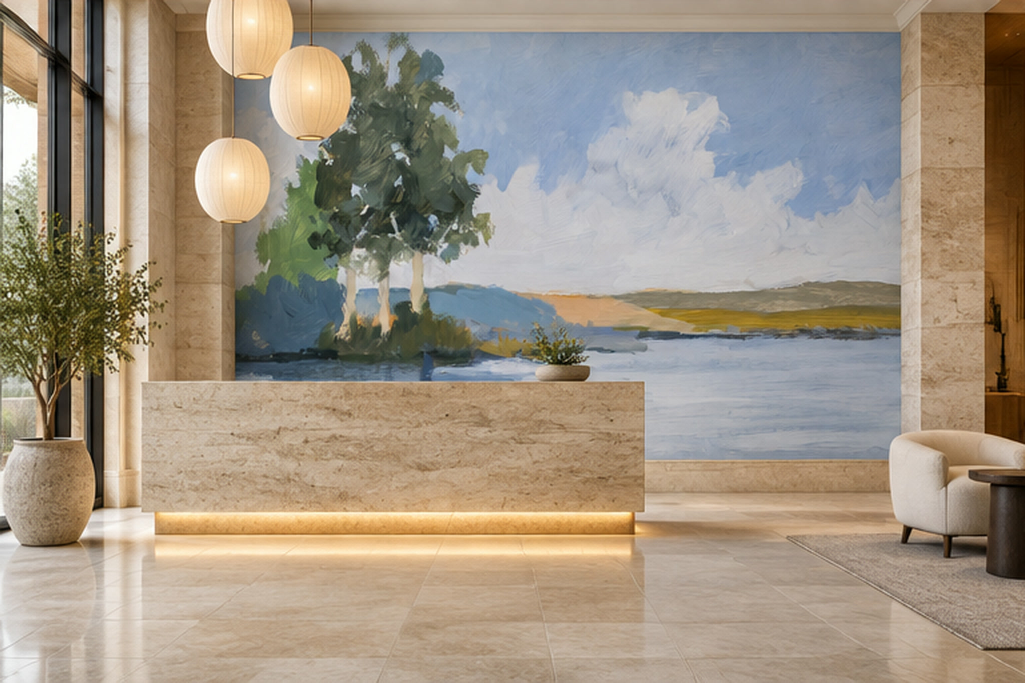 Blue Lake Scenic Watercolour Wallpaper Mural Entryway-wallpaper-murals, Peel-and-stick Finish