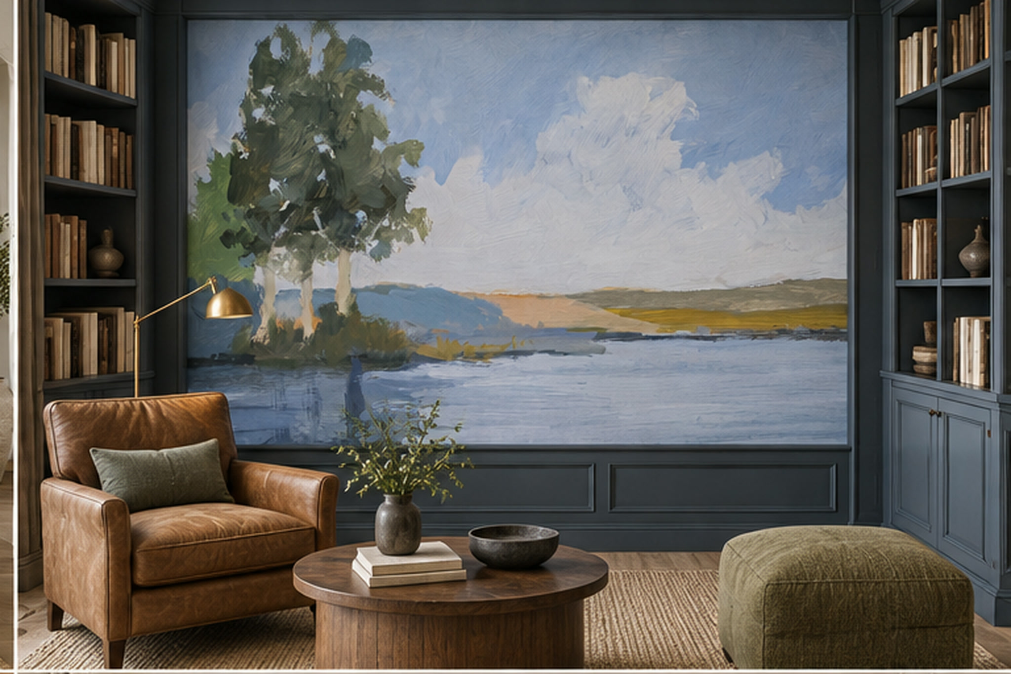 Blue Lake Scenic Watercolour Wallpaper Mural Home-office-wallpaper-murals, Shown In A Home Office, Peel-and-stick Finish