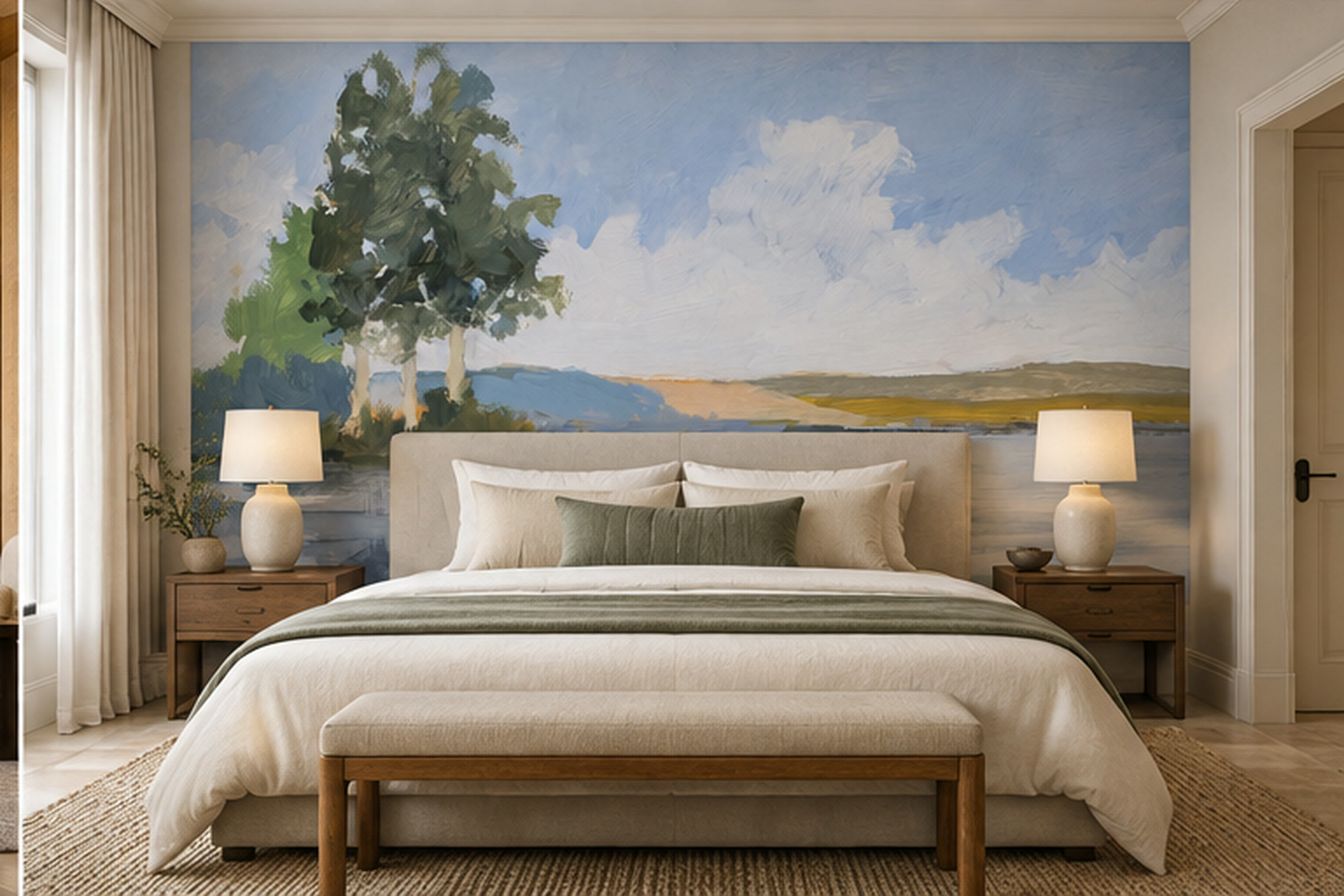 Blue Lake Scenic Watercolour Wallpaper Mural Dining-room-wallpaper-murals, Peel-and-stick Finish