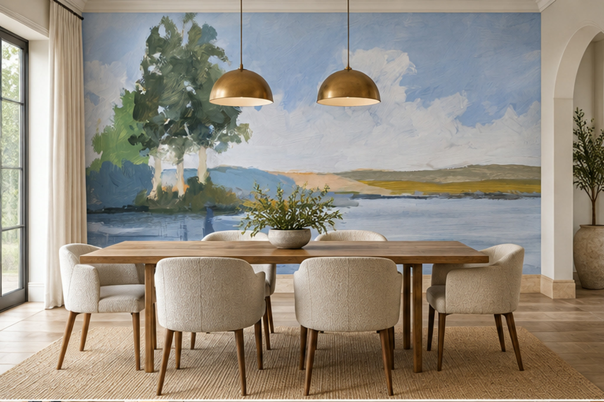 Blue Lake Scenic Watercolour Wallpaper Mural Dining-room-wallpaper-murals, Peel-and-stick Finish