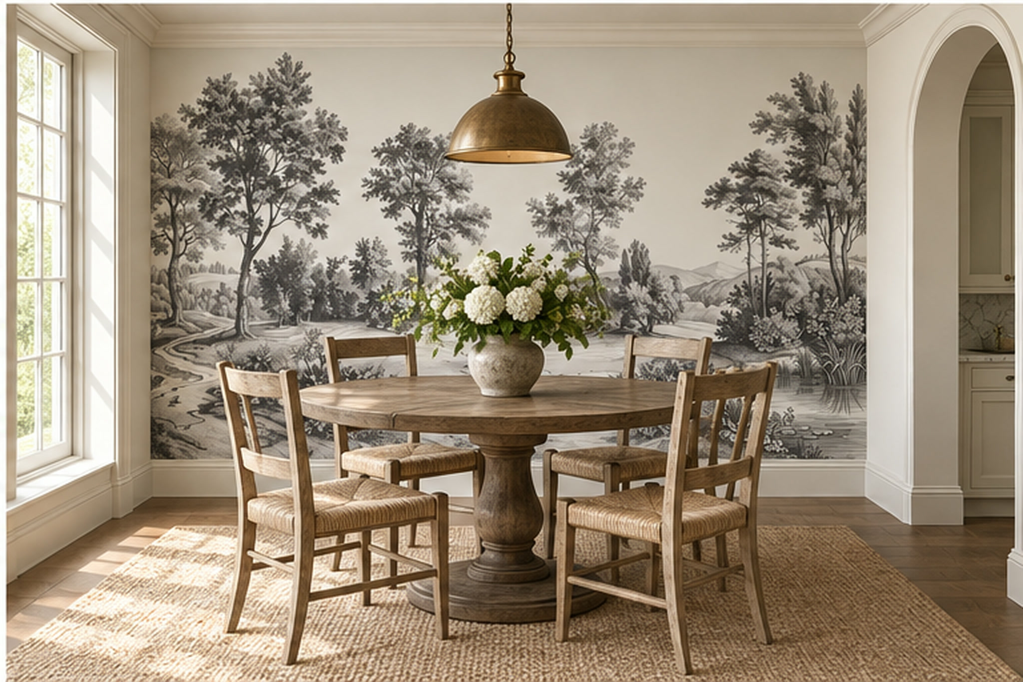 Monochrome Woodland River And Rolling Hills Wallpaper Mural — Wallpaper Mural Design, Peel-and-stick Finish