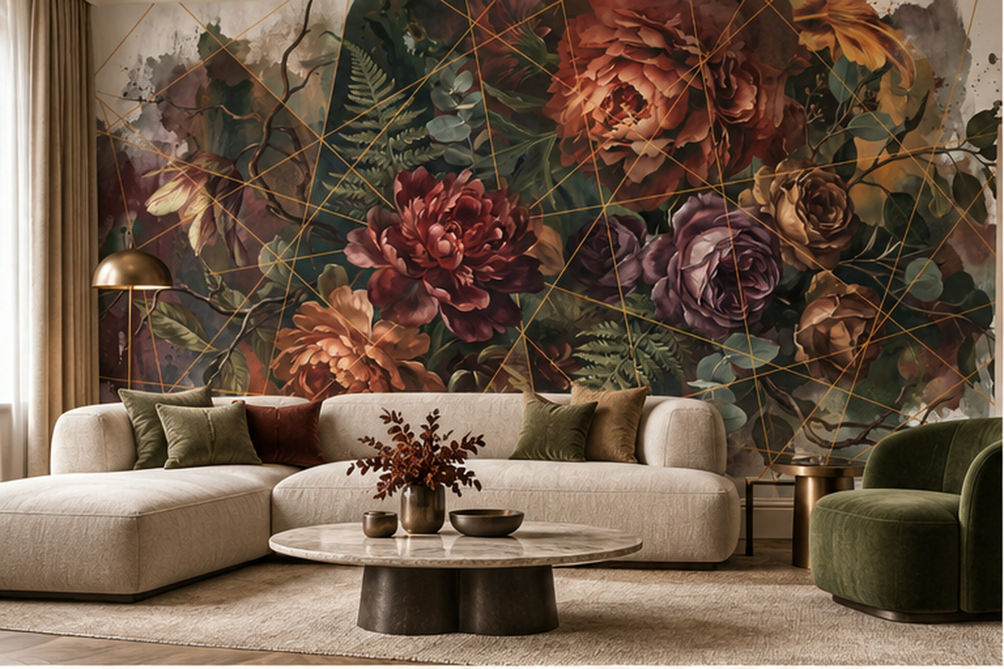 Rust And Charcoal Peony Collage Wallpaper Mural — Wallpaper Mural Design, Peel-and-stick Finish