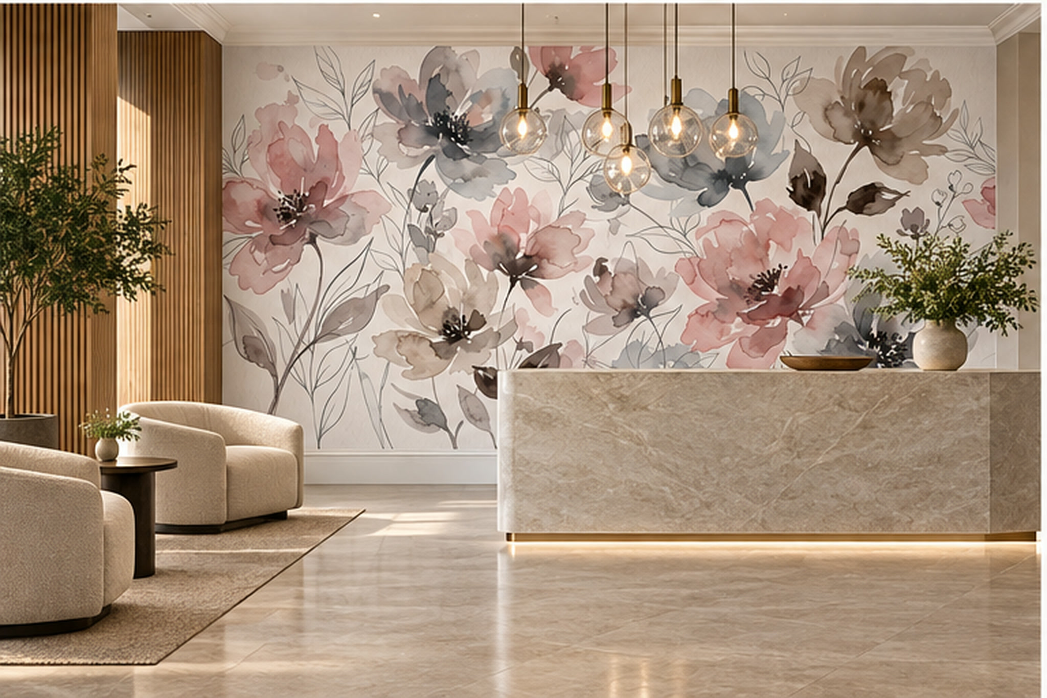 Pink Floral Botanical Wallpaper Mural Layered Forms Wallpaper Mural Entryway-wallpaper-murals, Peel-and-stick Finish