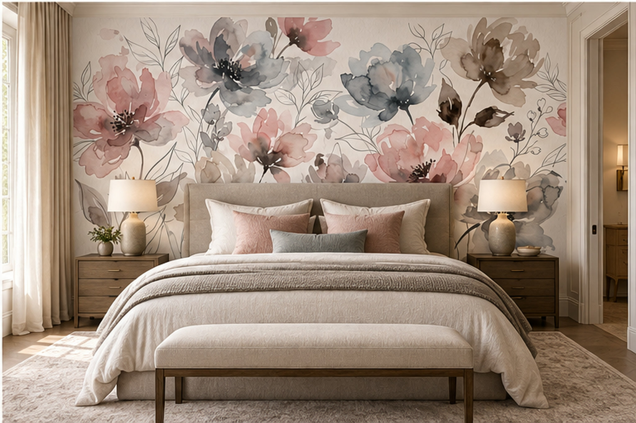 Pink Floral Botanical Wallpaper Mural Layered Forms Wallpaper Mural Bedroom-wallpaper-murals, Peel-and-stick Finish