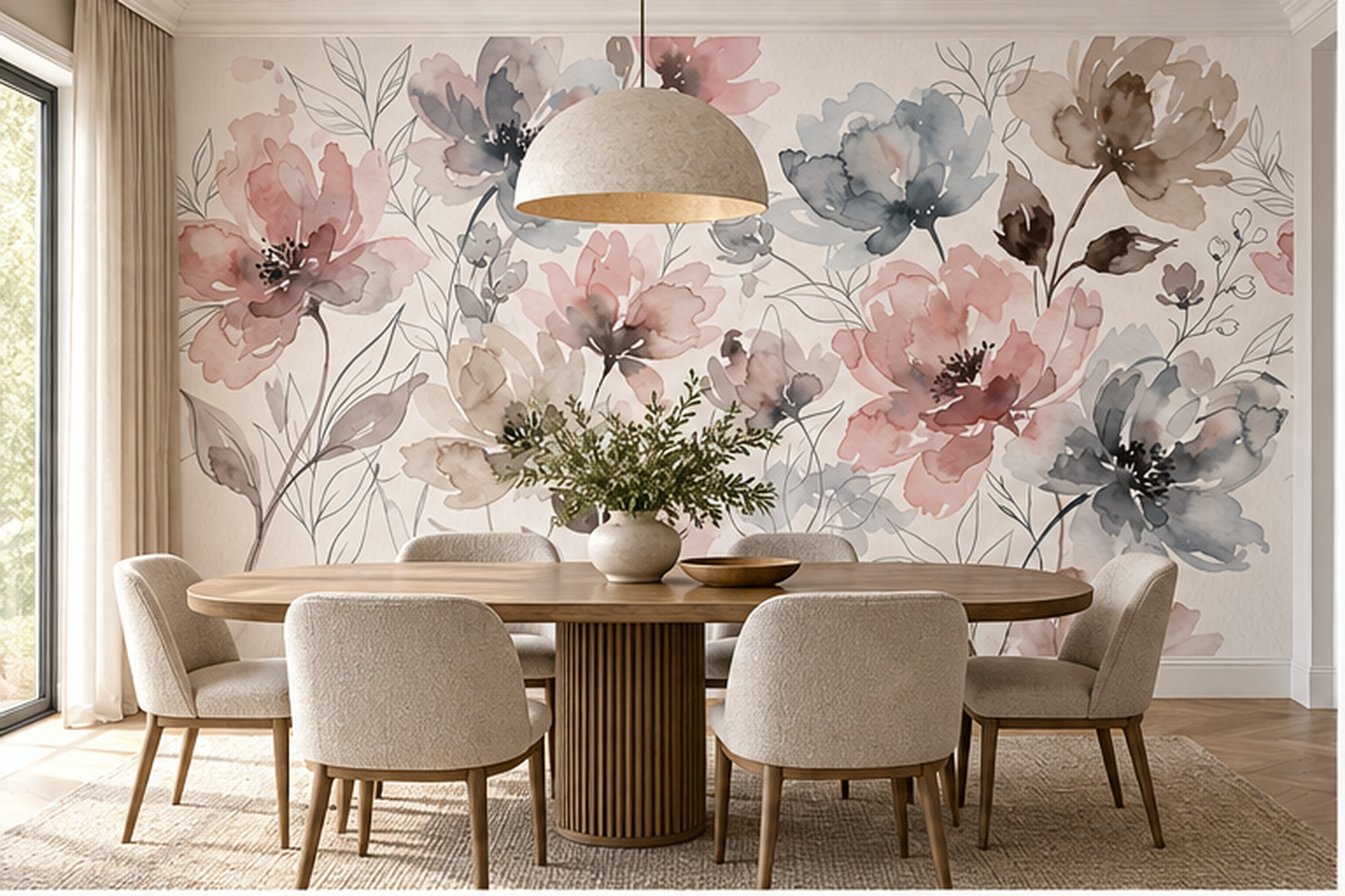 Pink Floral Botanical Wallpaper Mural Layered Forms Wallpaper Mural Home-office-wallpaper-murals, Peel-and-stick Finish