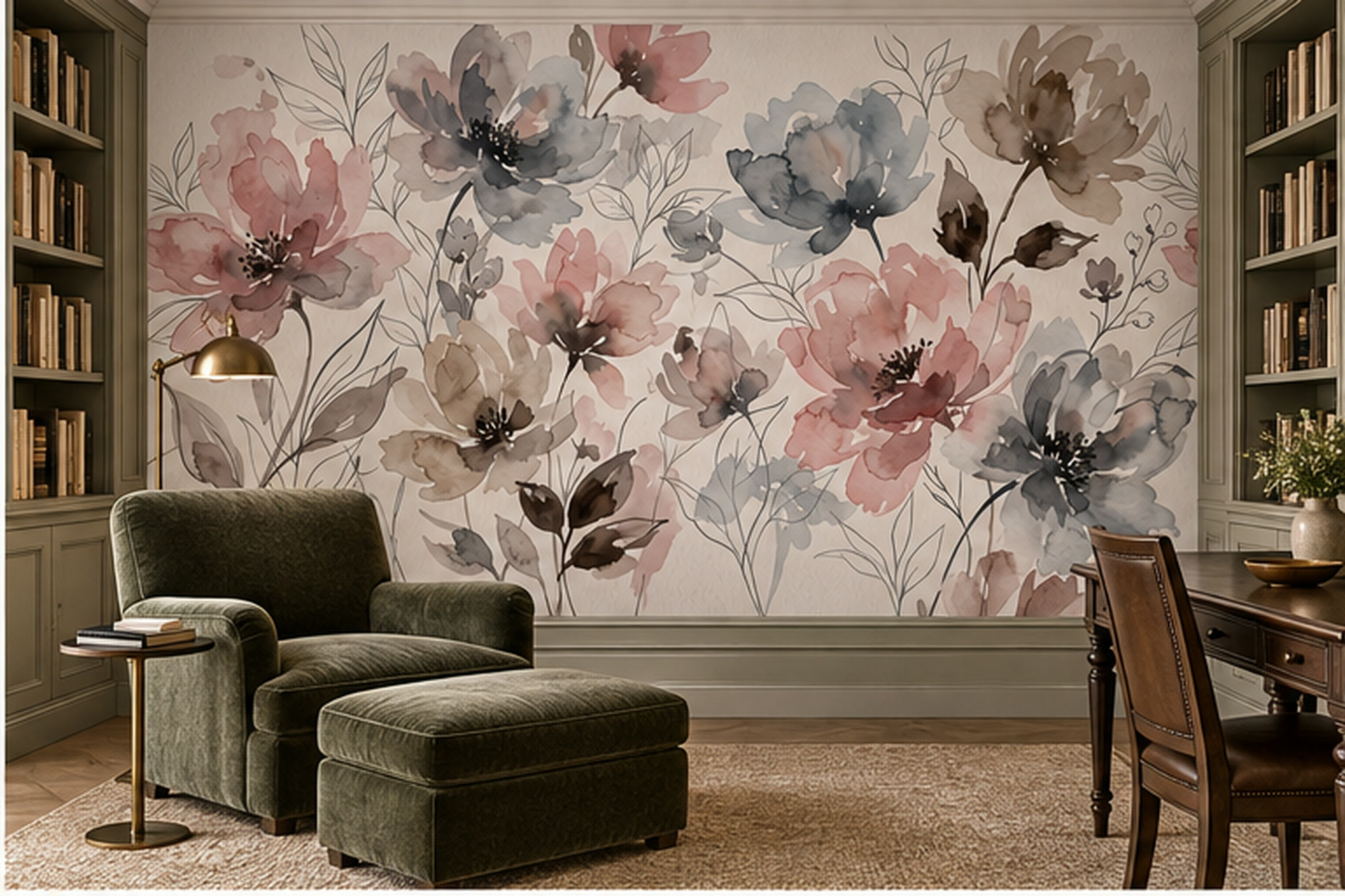 Soft Pink And Grey Watercolour Flower Wallpaper Mural — Wallpaper Mural Design, Peel-and-stick Finish
