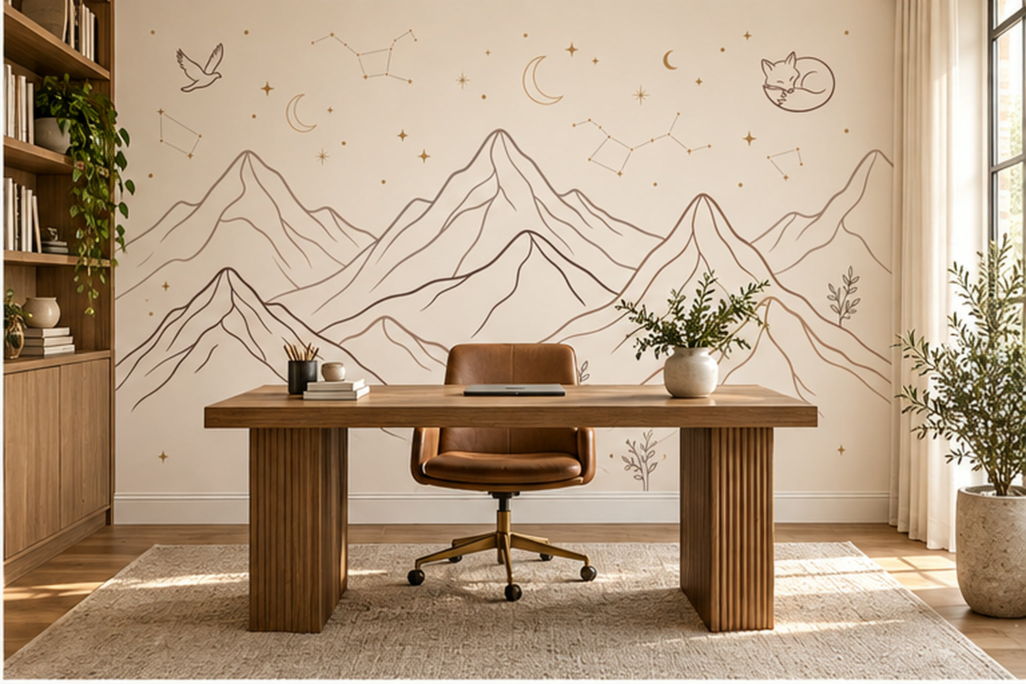 Beige Mountain Scenic Layered Wallpaper Mural Home-office-wallpaper-murals, Shown In A Home Office, Peel-and-stick Finish