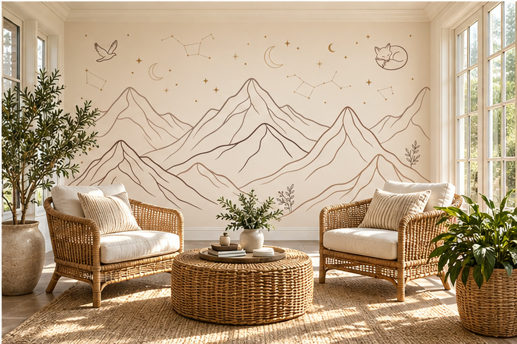 Celestial Line-art Mountains With A Sleeping Fox Wallpaper Mural — Wallpaper Mural Design, Peel-and-stick Finish