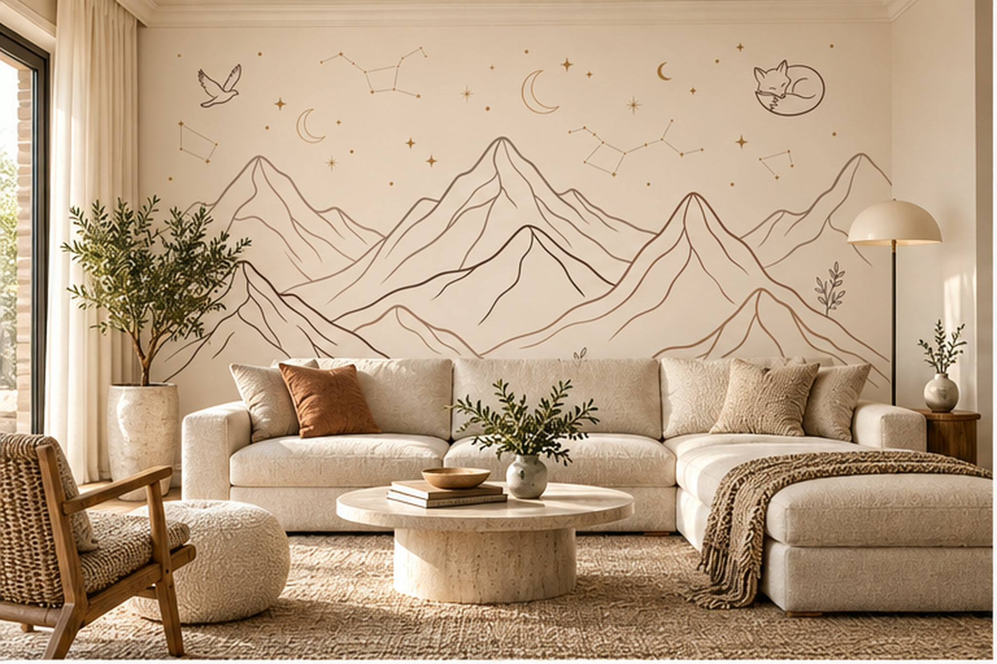Beige Mountain Scenic Layered Wallpaper Mural Accent-wall-wallpaper-murals, Peel-and-stick Finish