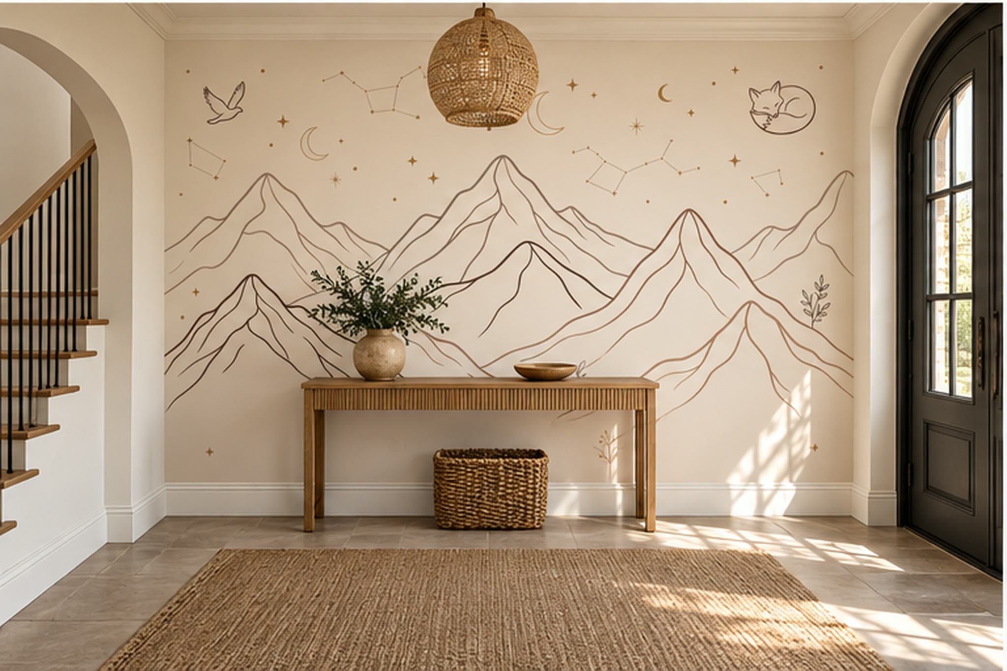 Beige Mountain Scenic Layered Wallpaper Mural Accent-wall-wallpaper-murals, Peel-and-stick Finish