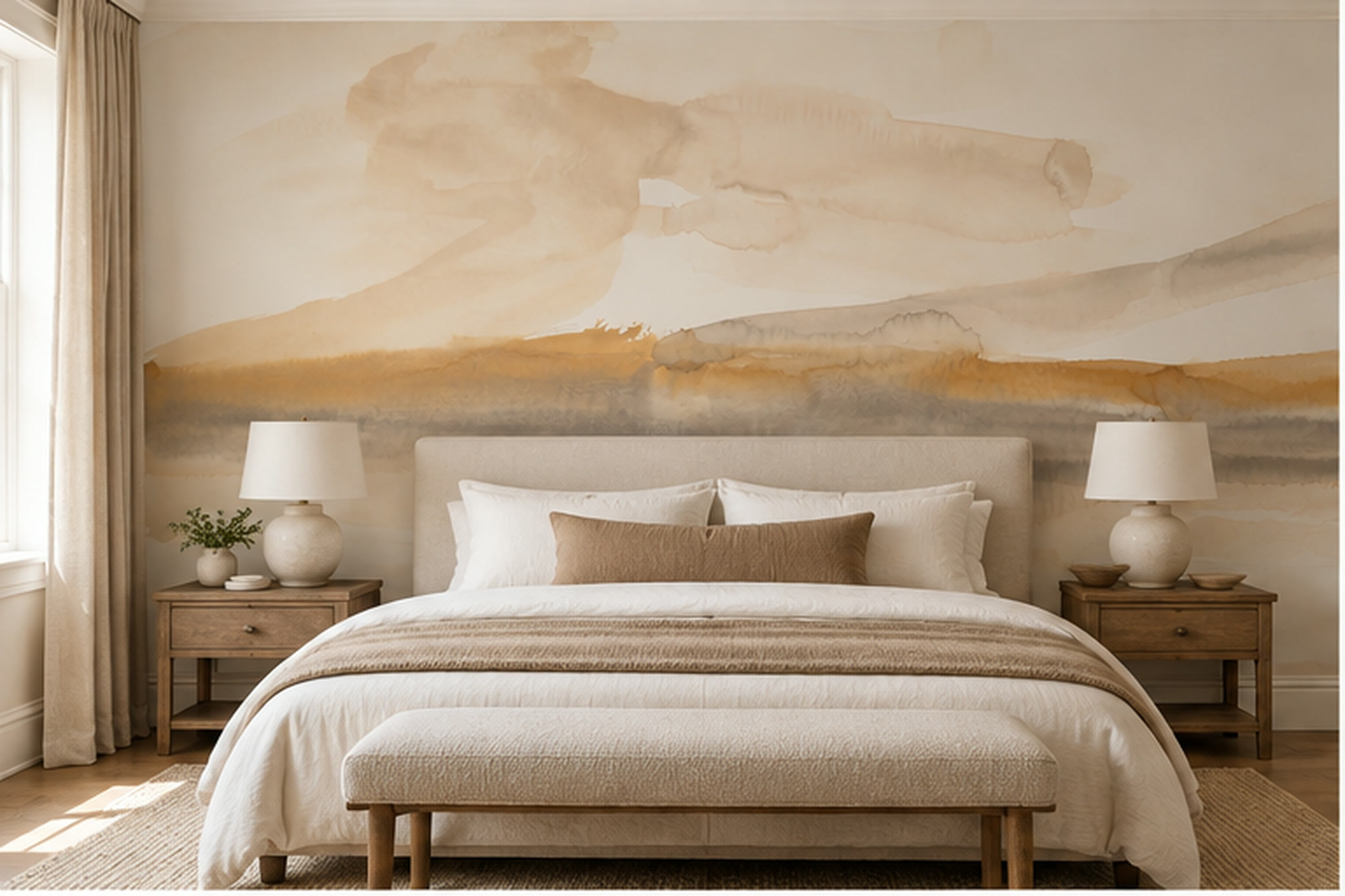 Warm Beige Abstract Watercolour Bands Wallpaper Mural — Installed Wallpaper Mural In A Bedroom, Peel-and-stick Finish