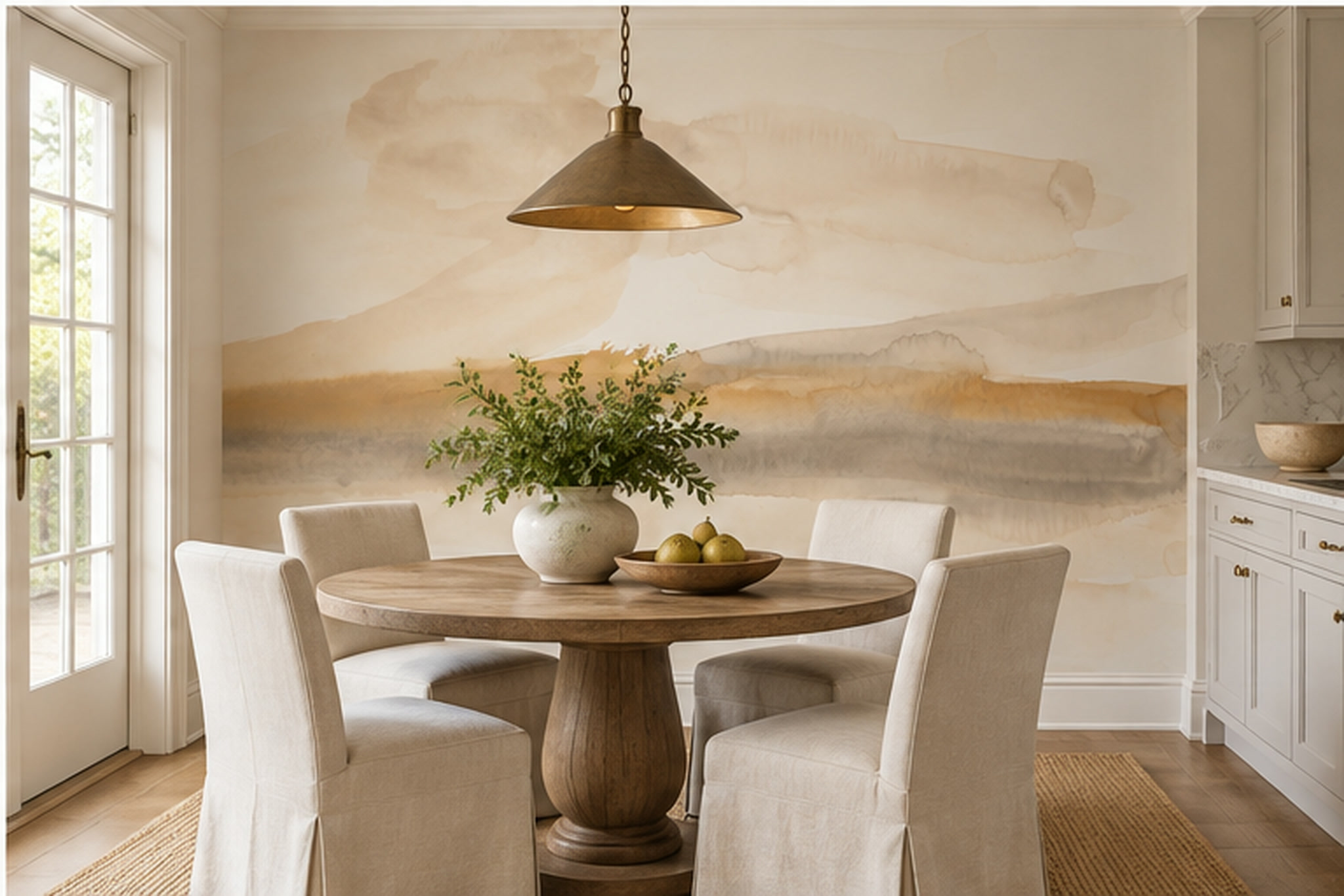 Beige Landscape Scenic Wallpaper Mural Dining-room-wallpaper-murals, Shown In A Dining Room, Peel-and-stick Finish